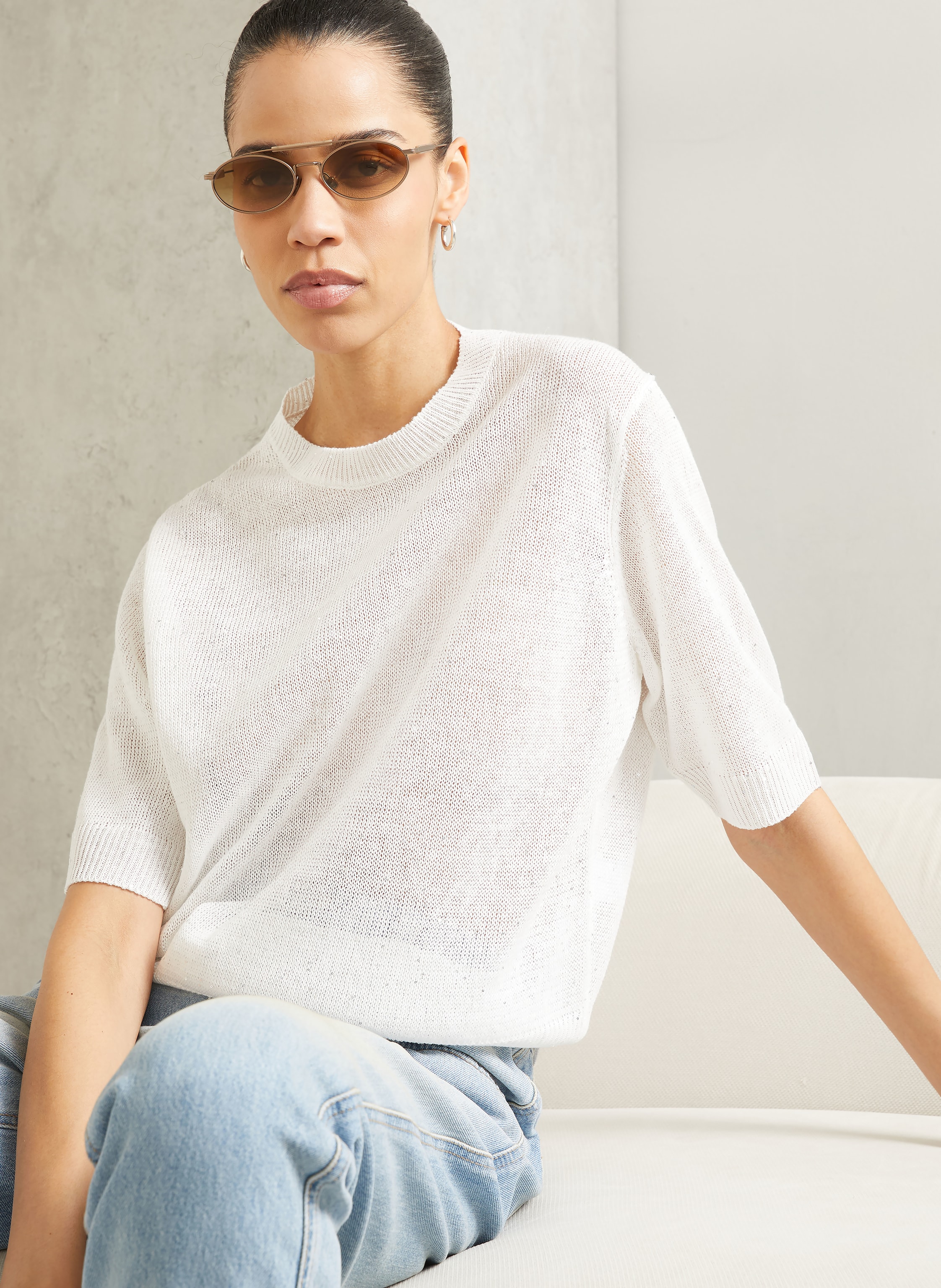 Thumbnail - Brunello Cucinelli Strickshirt Aus Leinen Mit Pailletten weiss