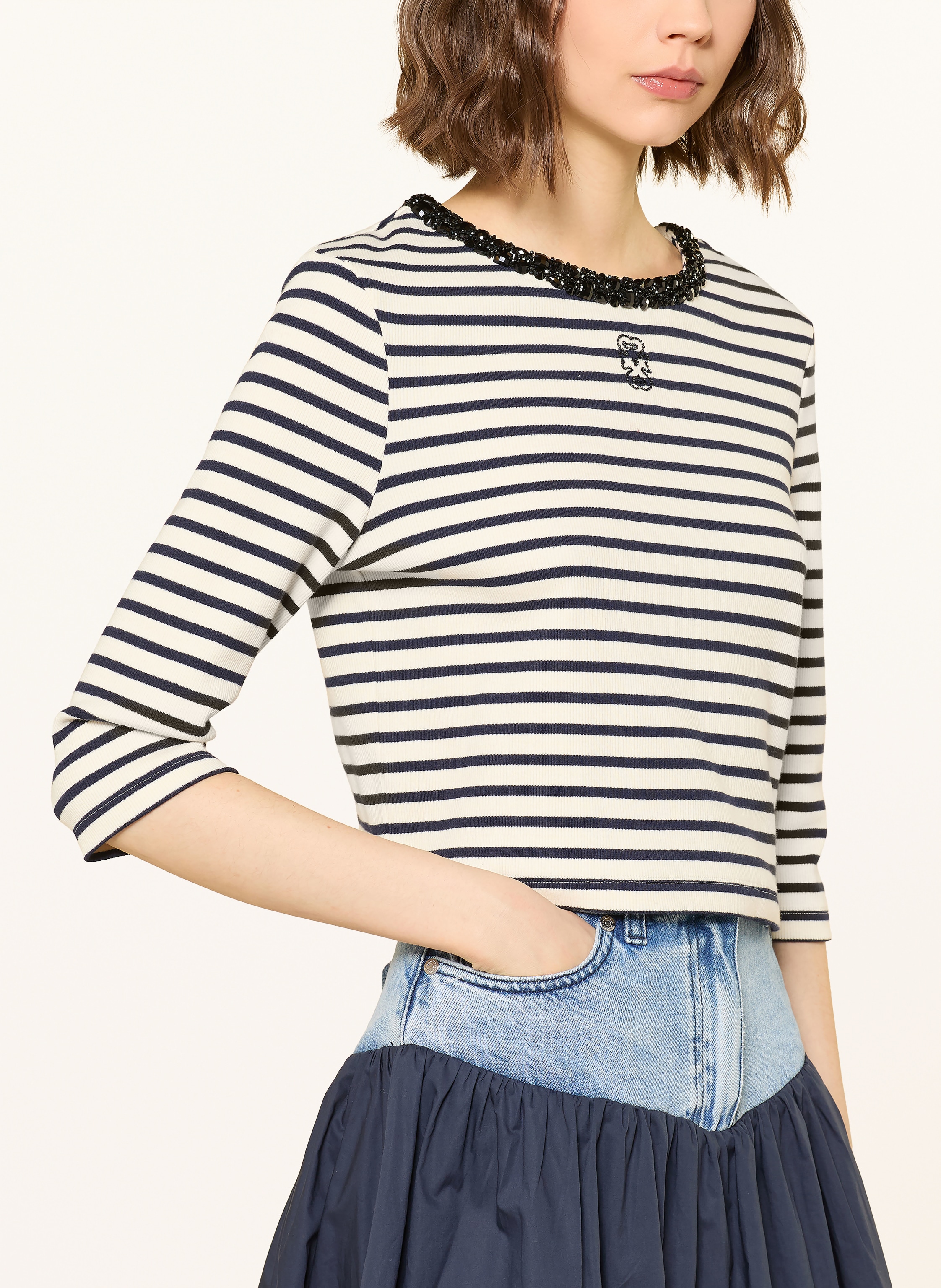 Thumbnail - Sandro Cropped-Shirt Mit Schmucksteinen Und 3/4-Arm blau
