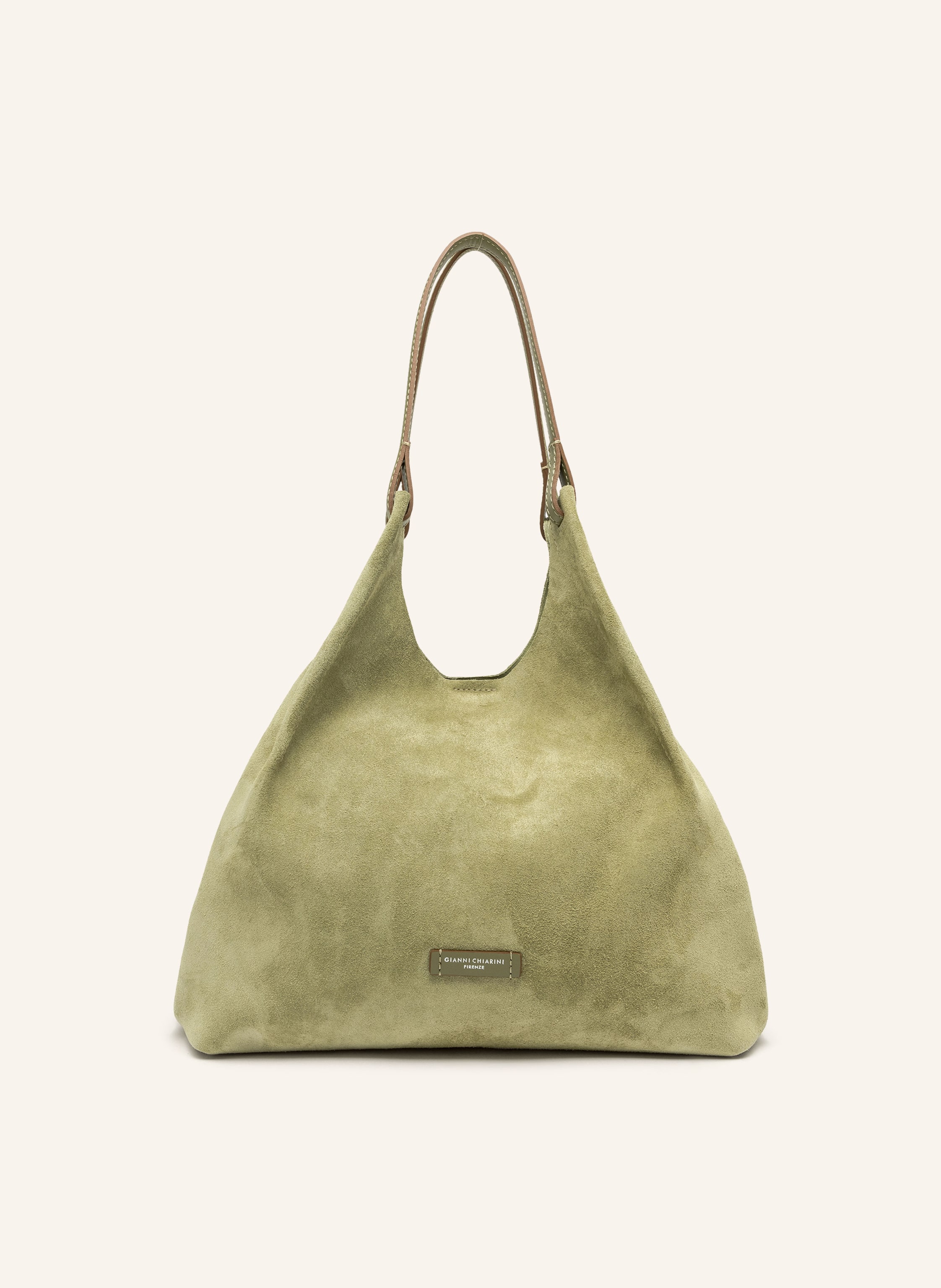 Gianni Chiarini Veloursleder und fein genarbtes Leder. Schließt mit Magnet- und Karabinerverschluss. Zwei Tragegriffe. Herausnehmbare Pouch. Innen ein Hauptfach. Label-Plakette auf der Front in khaki