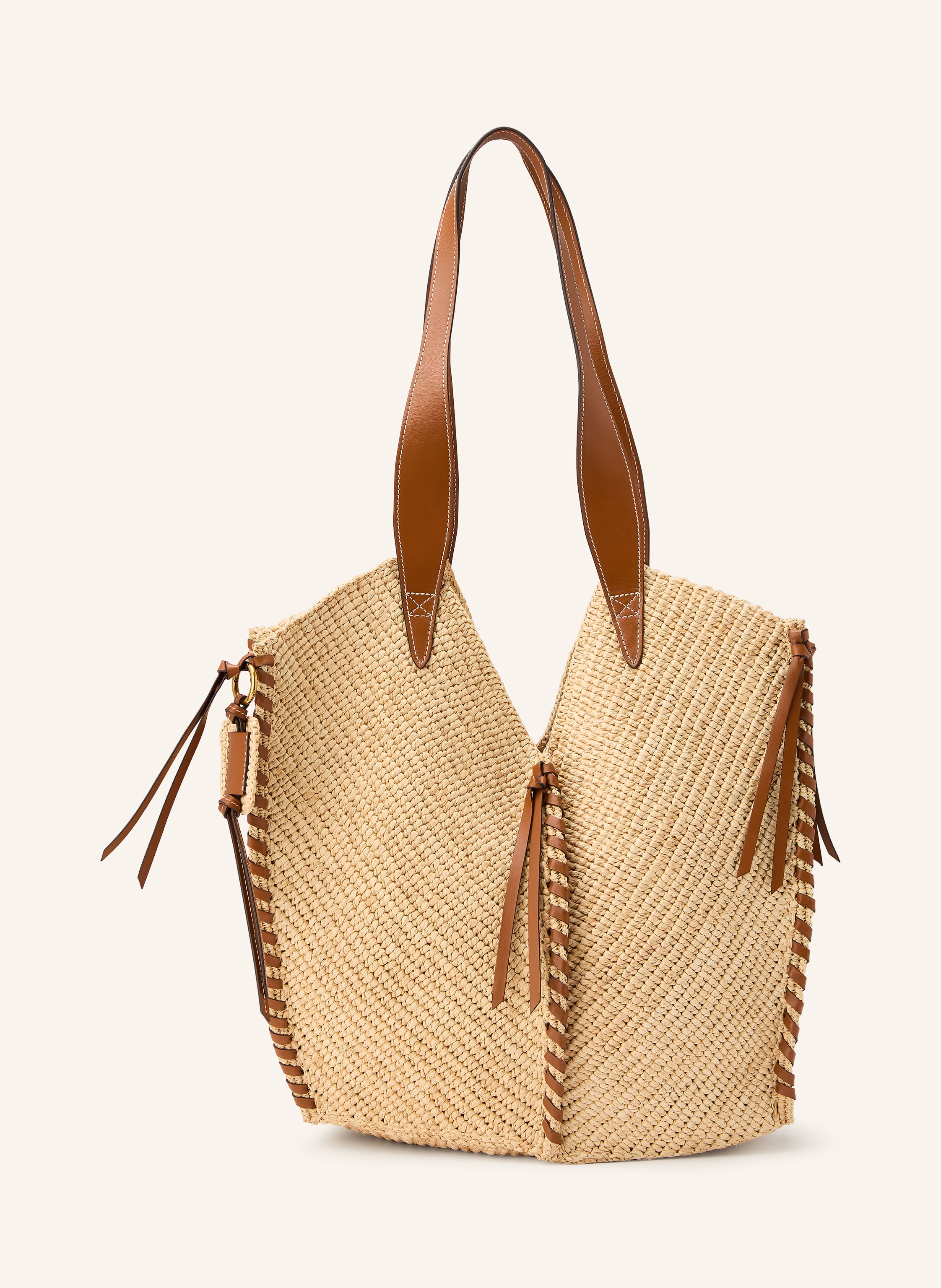 Isabel Marant Zwei Tragegriffe. Innen ein Hauptfach. Glattleder. Raffia. Bicolor-Design. Geflochtenes Design in beige / gold / braun