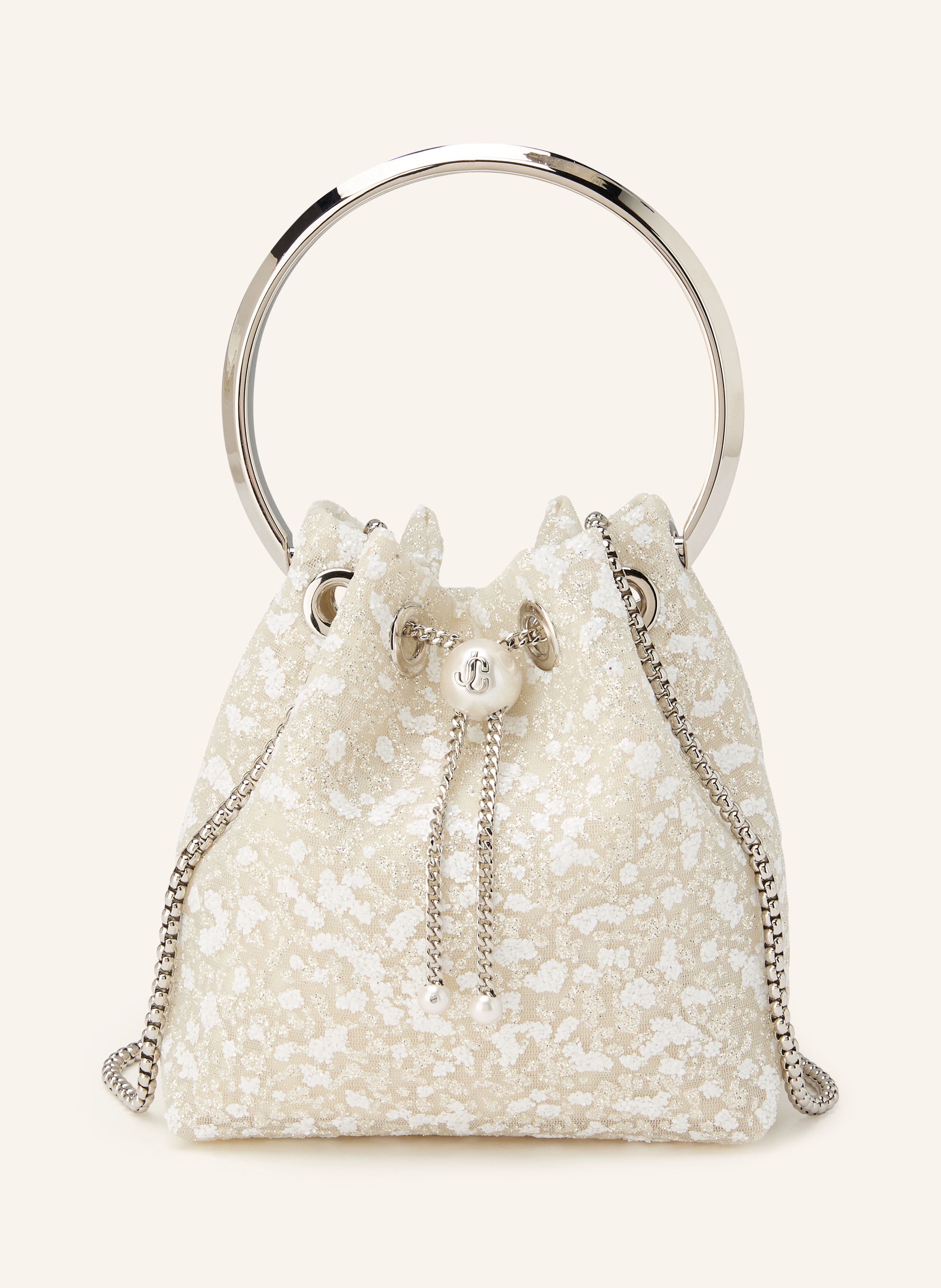 Jimmy Choo Jimmy Choo Beuteltasche Bon Bon Mit Glitzergarn Und Schmuckperlen weiss in CREME / SILBER / WEISS