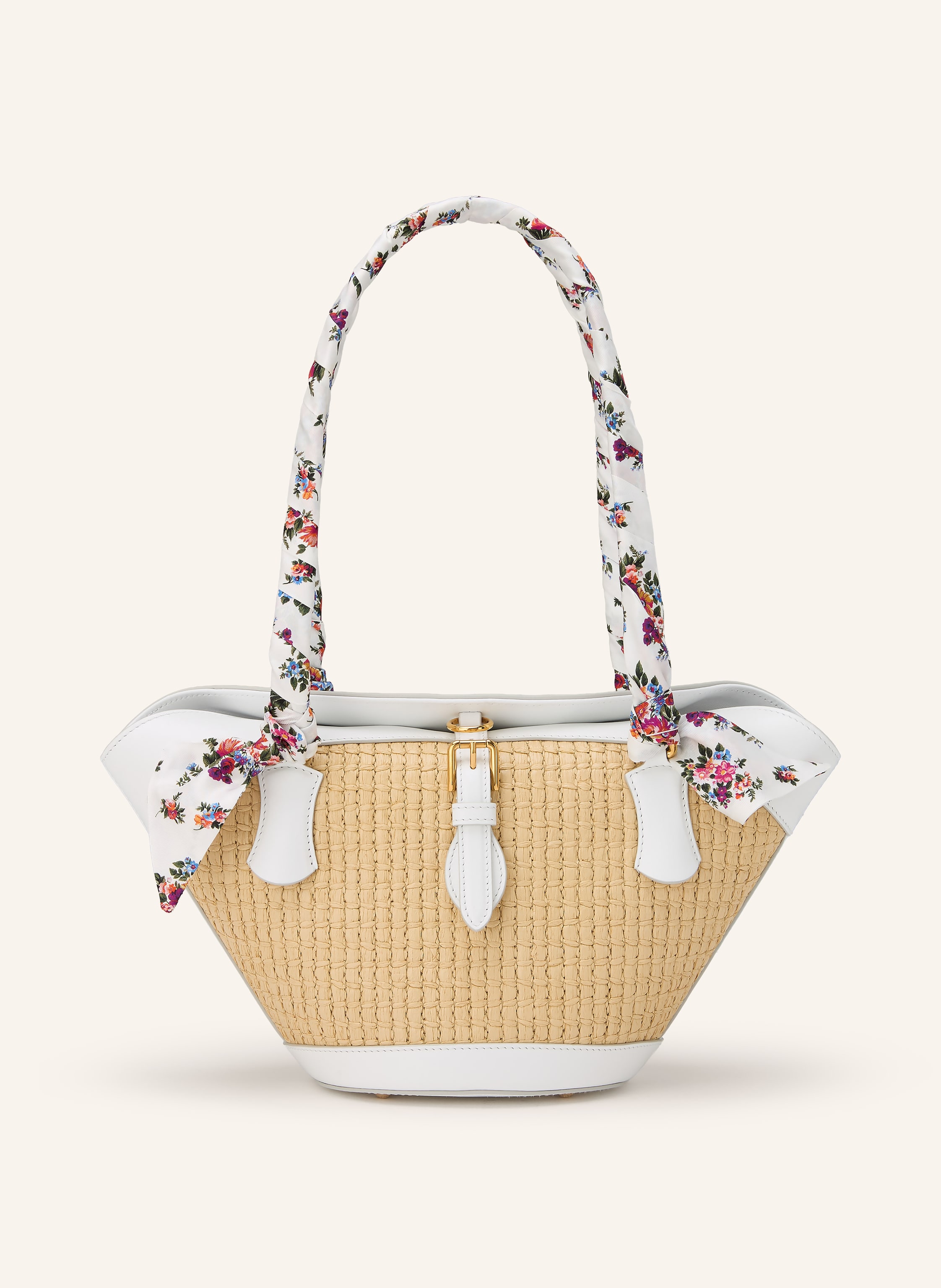 Dolce & Gabbana Ein Innenfach mit Reißverschluss. Ein Steckfach. Zwei Tragegriffe. Stellfüßchen. Druckknopf. Innen ein Hauptfach. Label-Print. Glattleder. Raffia. Florales Muster. Geflochtenes Design. Made in Italy in camel / gold / creme