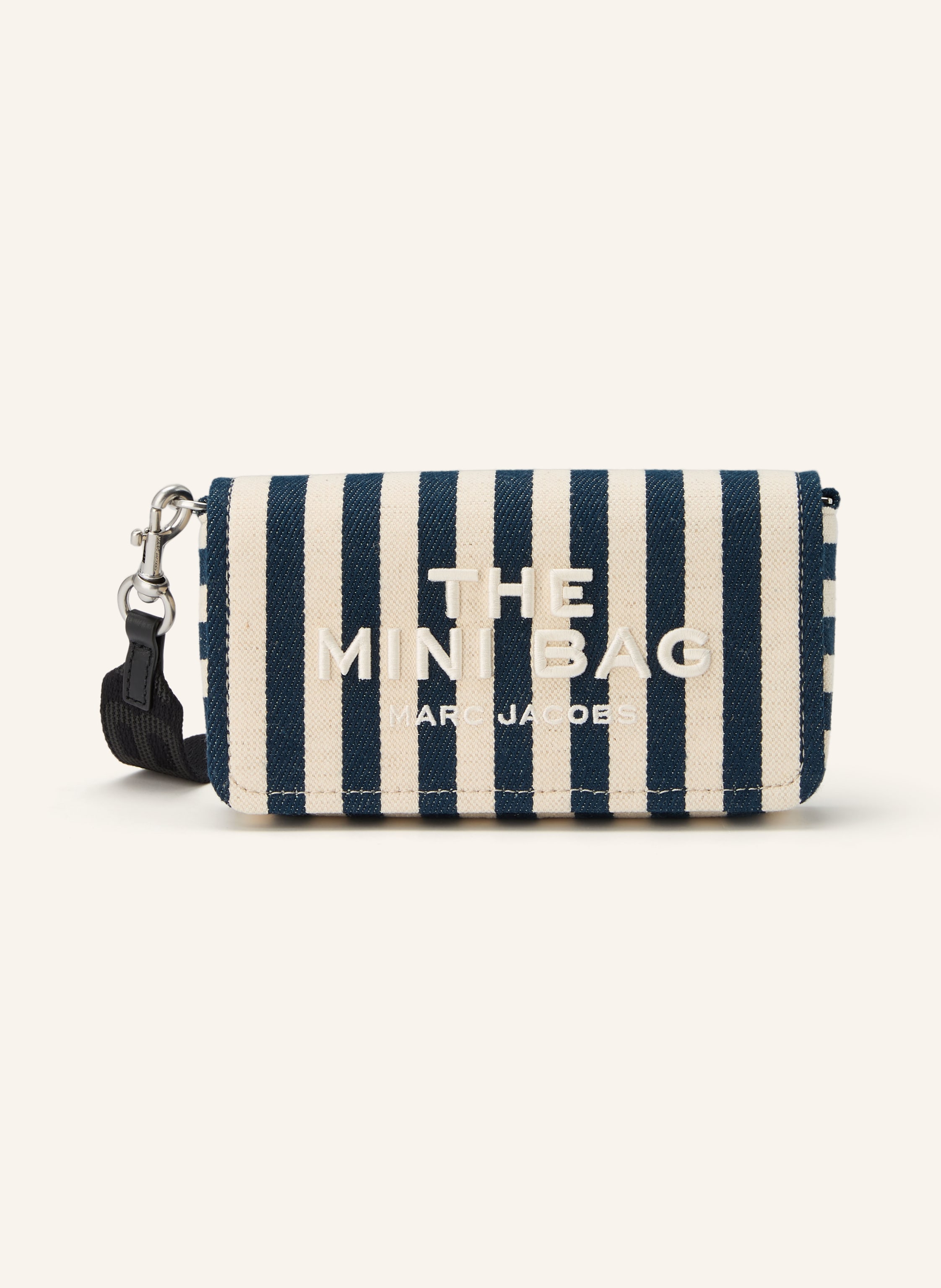 Marc Jacobs Ein Steckfach. Abnehmbarer Schulterriemen. Längenverstellbarer Schulterriemen. Magnetverschluss. Innen ein Hauptfach. Label-Details. Canvas. Streifenmuster. Acht Kartenfächer Mini in dunkelblau / ecru / schwarz