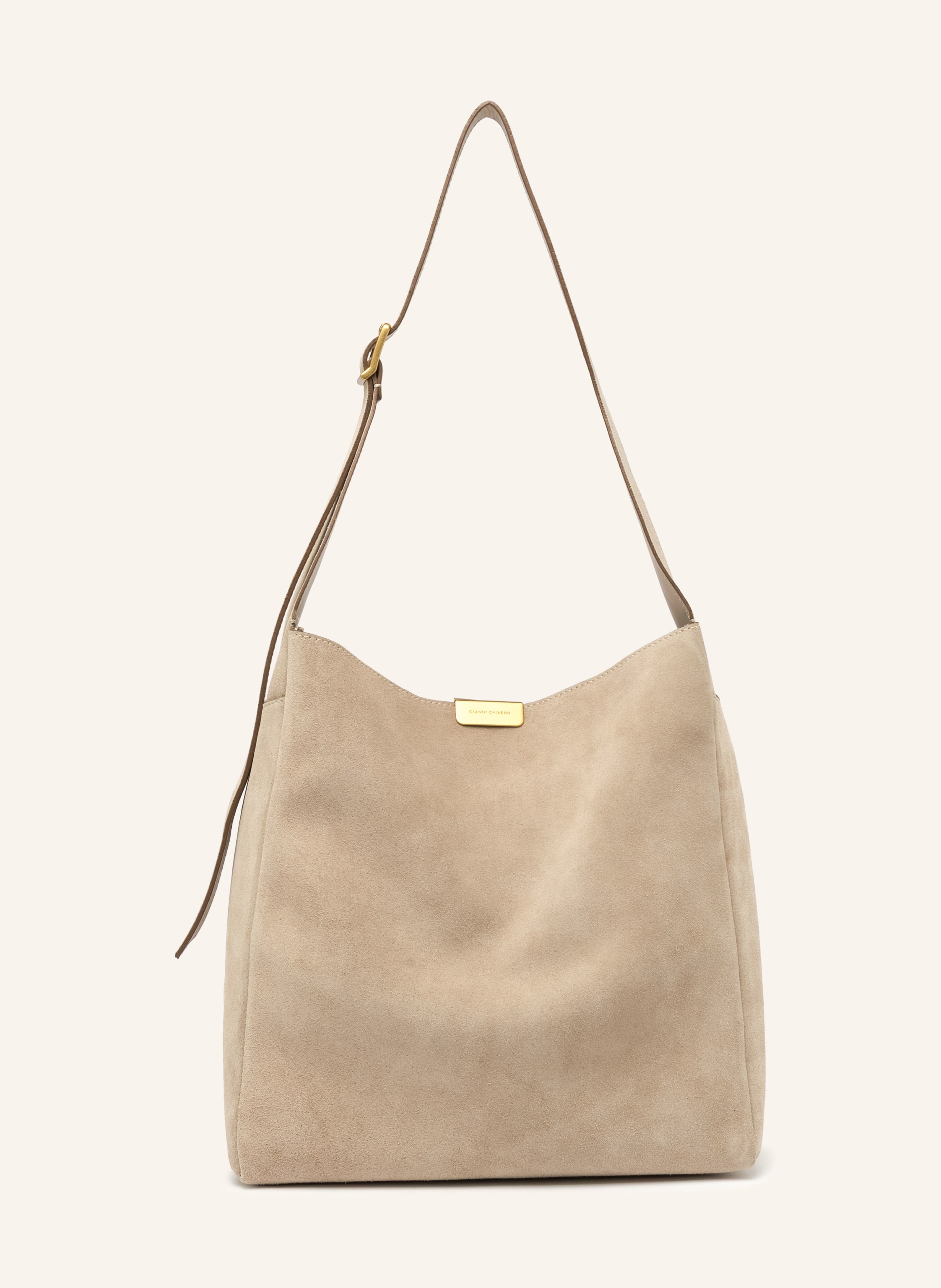 Gianni Chiarini Fixierter Schulterriemen. Längenverstellbarer Schulterriemen. Verstärkter Taschenboden. Steckschließe. Innen ein Hauptfach. Label-Detail. Aus Veloursleder. Unifarben in beige / gold