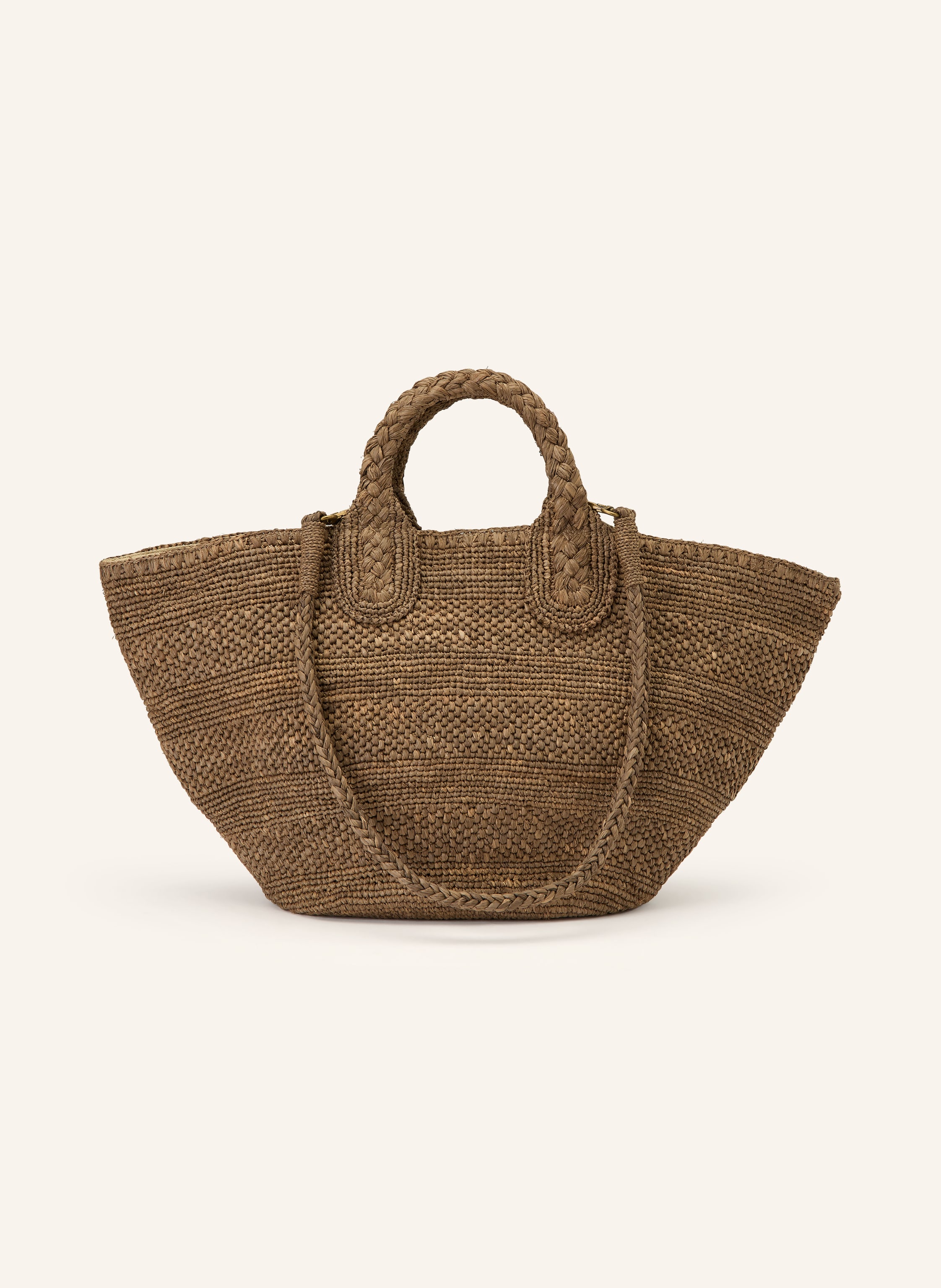 Ibeliv Diverse Steckfächer innen. Abnehmbarer Schulterriemen. Zwei Tragegriffe. Magnetverschluss. Innen ein Hauptfach. Raffia. Unifarben. Geflochtenes Design in braun