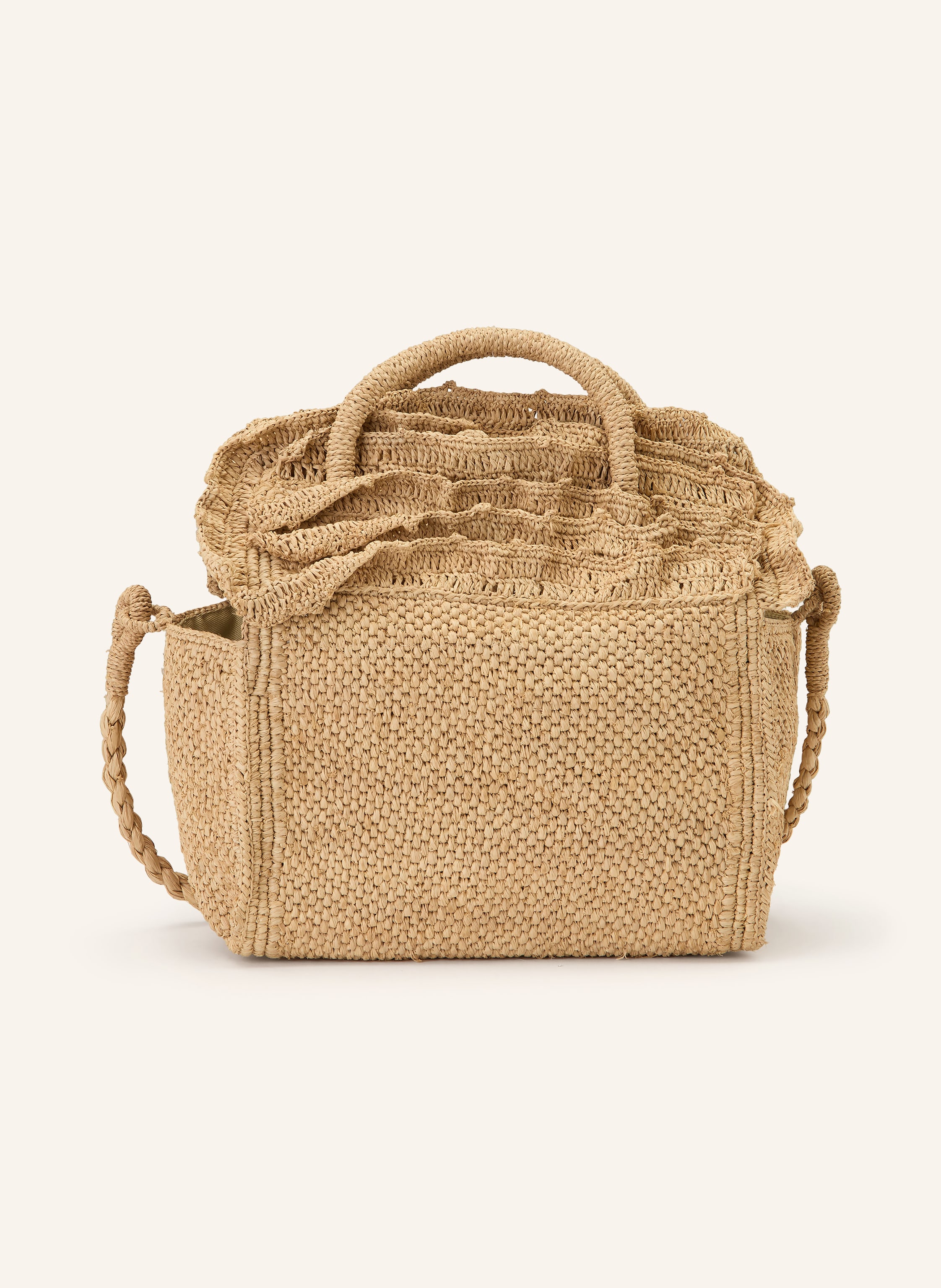 Ibeliv Ein Steckfach. Fixierter Schulterriemen. Zwei Tragegriffe. Innen ein Hauptfach. Raffia. Unifarben. Geflochtenes Design in beige