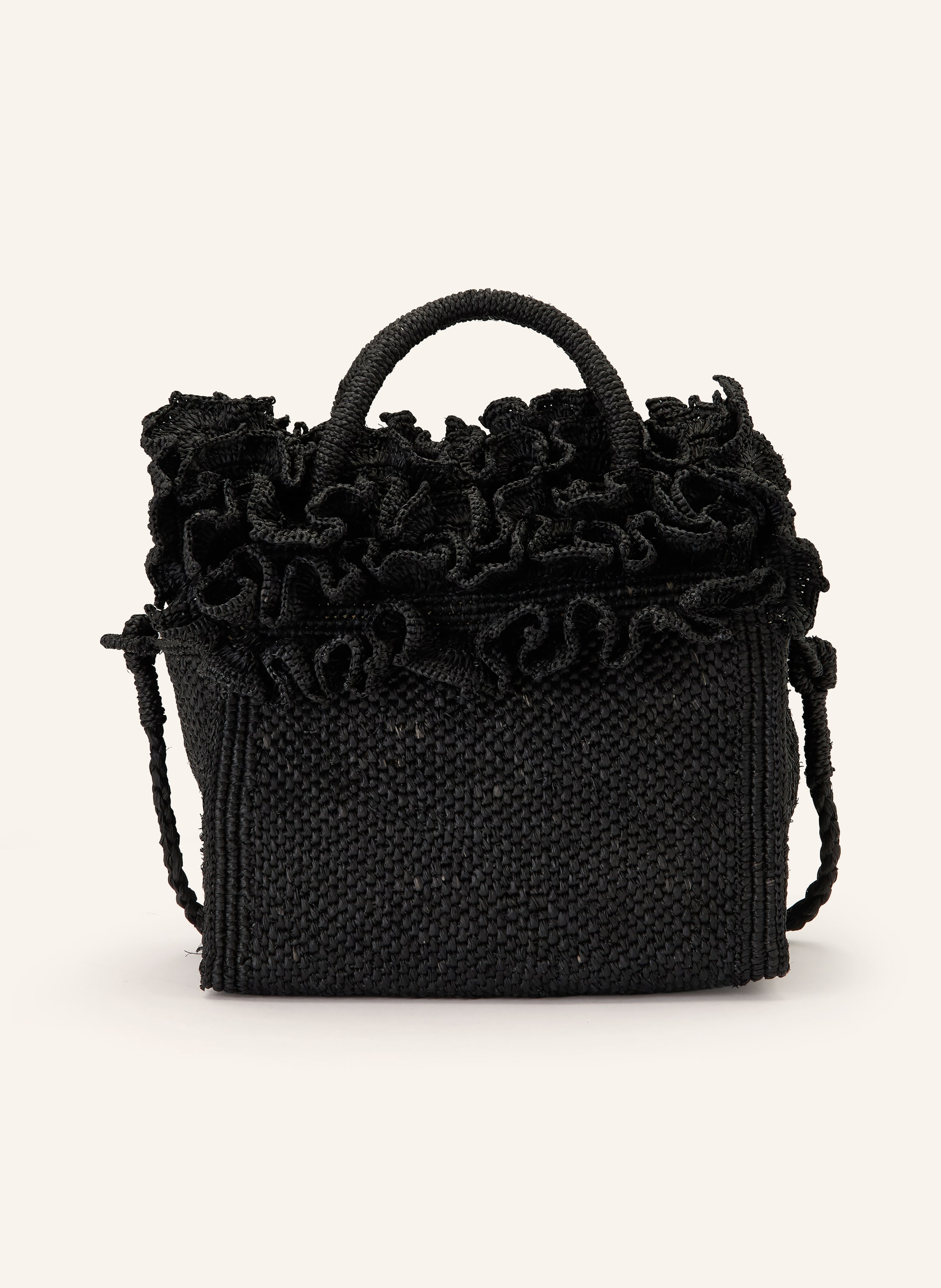 Ibeliv Ein Steckfach. Fixierter Schulterriemen. Zwei Tragegriffe. Innen ein Hauptfach. Raffia. Unifarben. Geflochtenes Design in schwarz