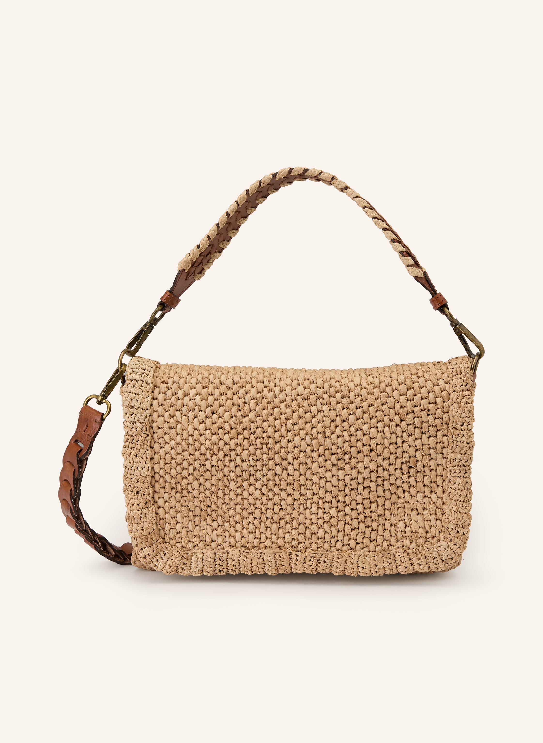 Ibeliv Ein Kartenfach. Abnehmbarer Schulterriemen. Ein Tragegriff. Magnetverschluss. Innen ein Hauptfach. Lederdetails. Raffia. Bicolor-Design. Geflochtenes Design in beige / braun