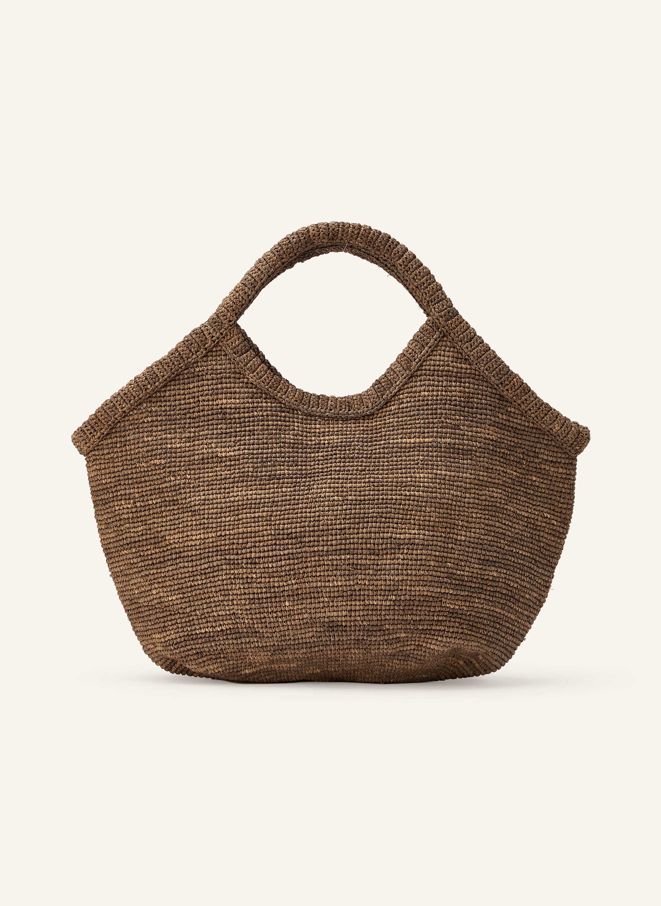 Ibeliv Ein Steckfach. Zwei Tragegriffe. Magnetverschluss. Innen ein Hauptfach. Raffia. Unifarben in braun