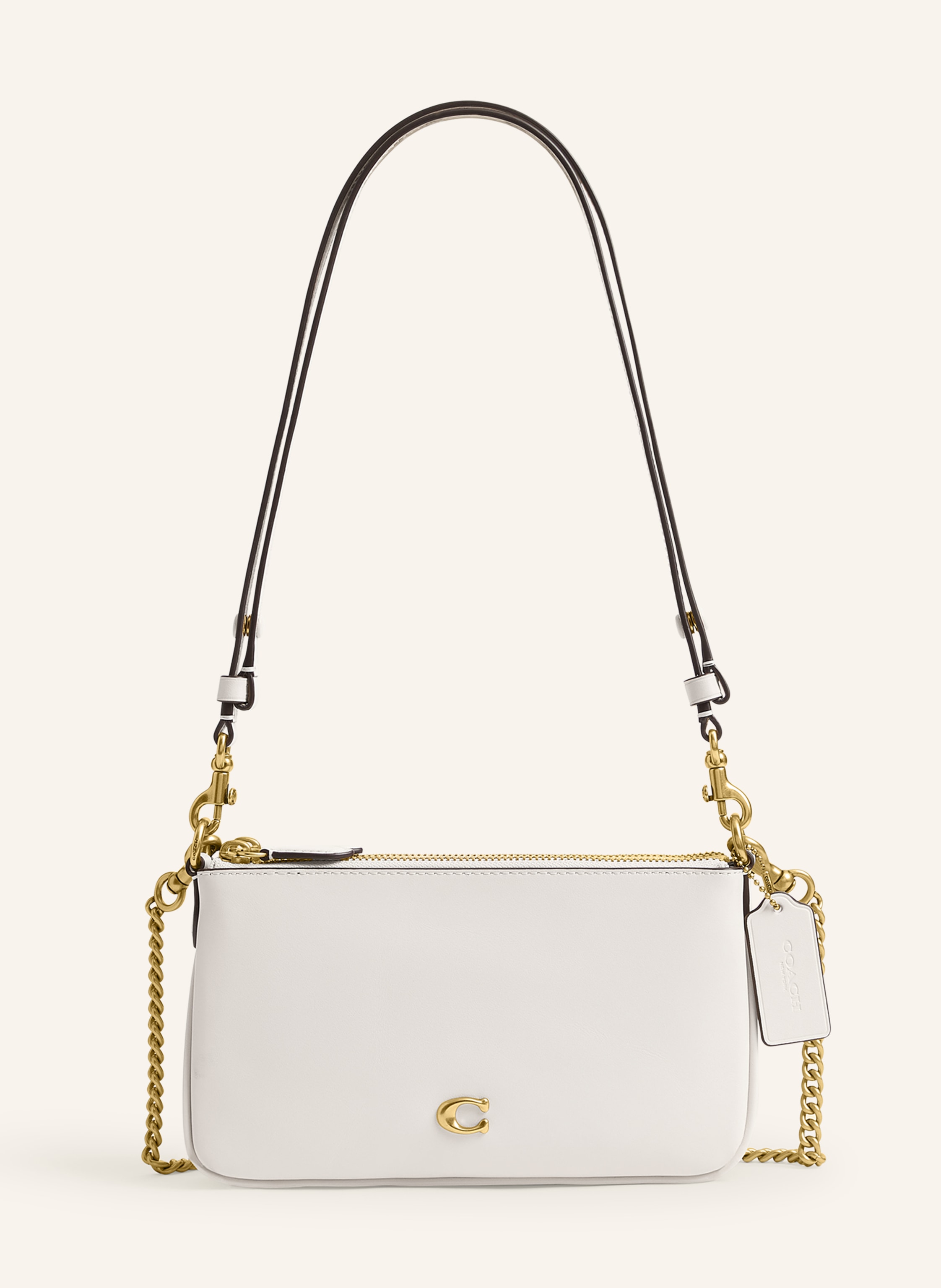 Coach Abnehmbarer Schulterriemen. Schulterkette. Stellfüßchen. Verstärkter Taschenboden. Reißverschluss. Innen zwei Hauptfächer. Label-Detail. Glattleder. Unifarben in hellbraun / gold