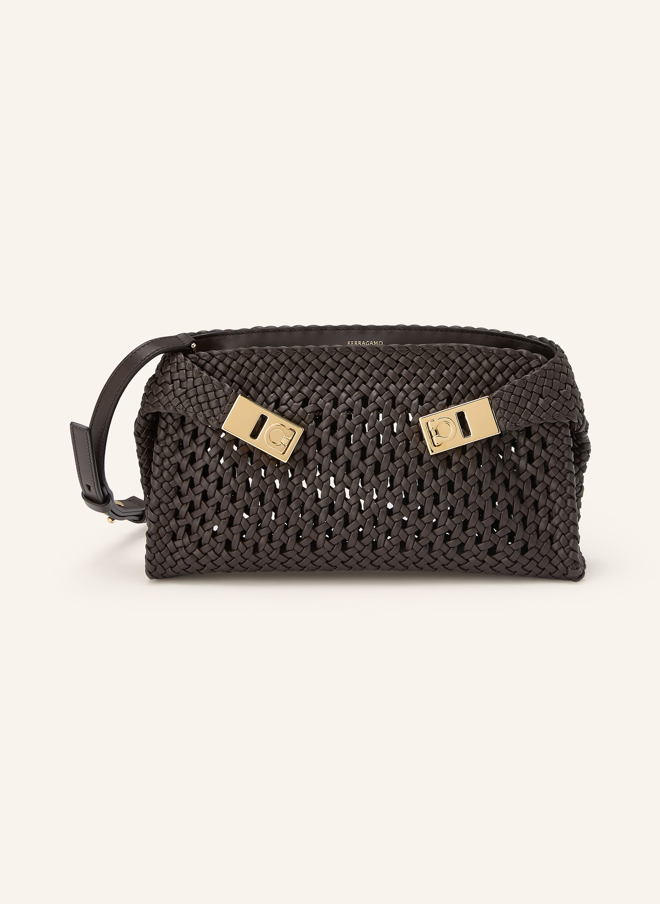 Ferragamo Abnehmbarer Schulterriemen. Längenverstellbarer Schulterriemen. Verstärkter Taschenboden. Reißverschluss. Innen ein Hauptfach. Label-Print. Glattleder. Unifarben. Geflochtenes Design. Semitransparente in dunkelbraun