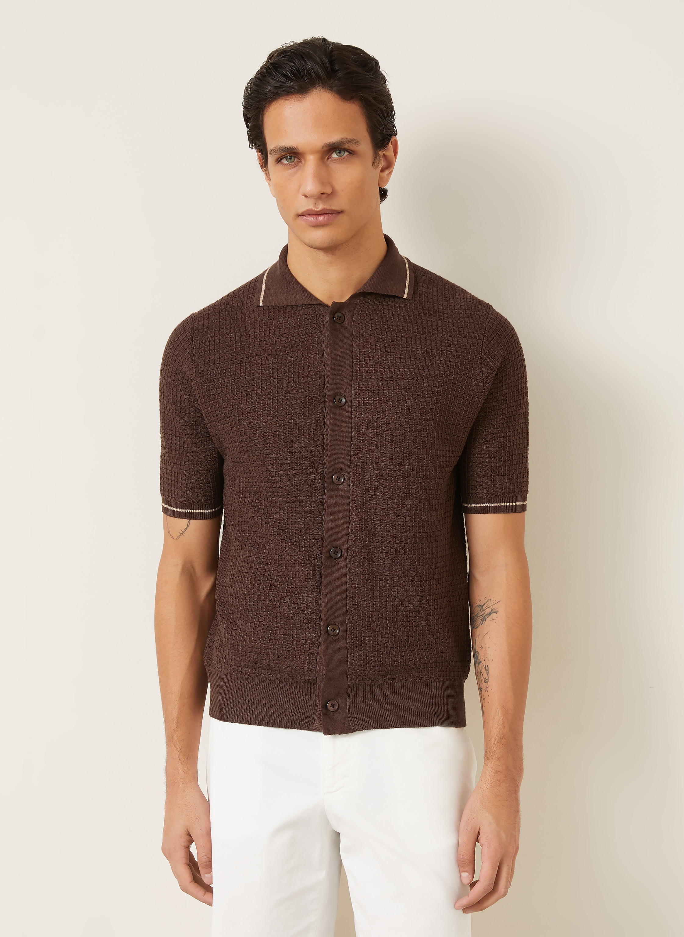 Thumbnail - Fioroni Strickhemd Extra Slim Fit Mit Leinen braun