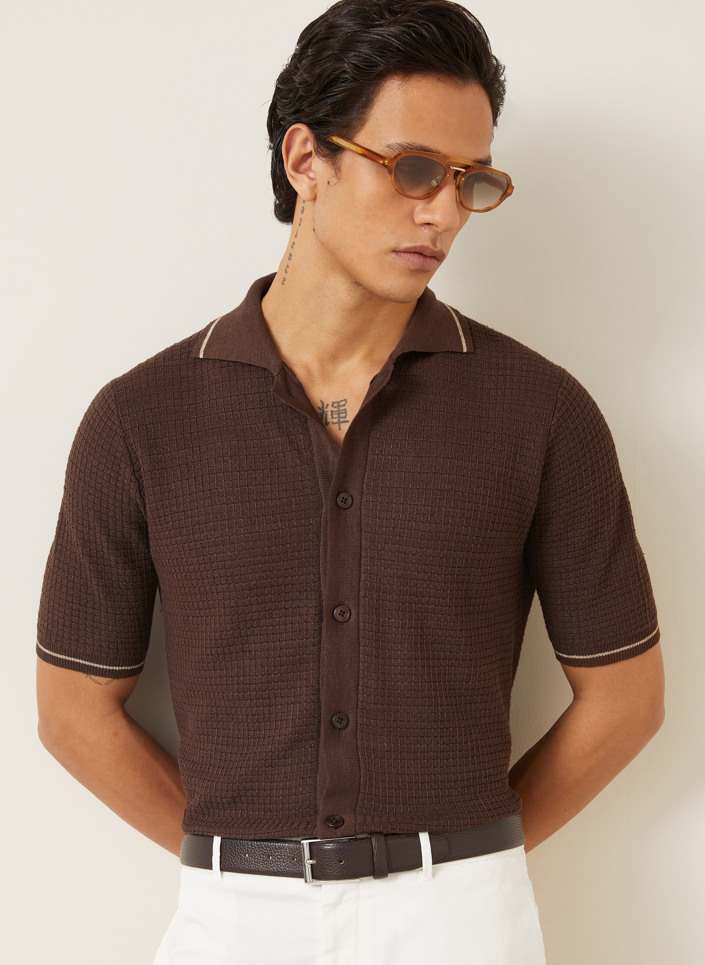 Thumbnail - Fioroni Strickhemd Extra Slim Fit Mit Leinen braun