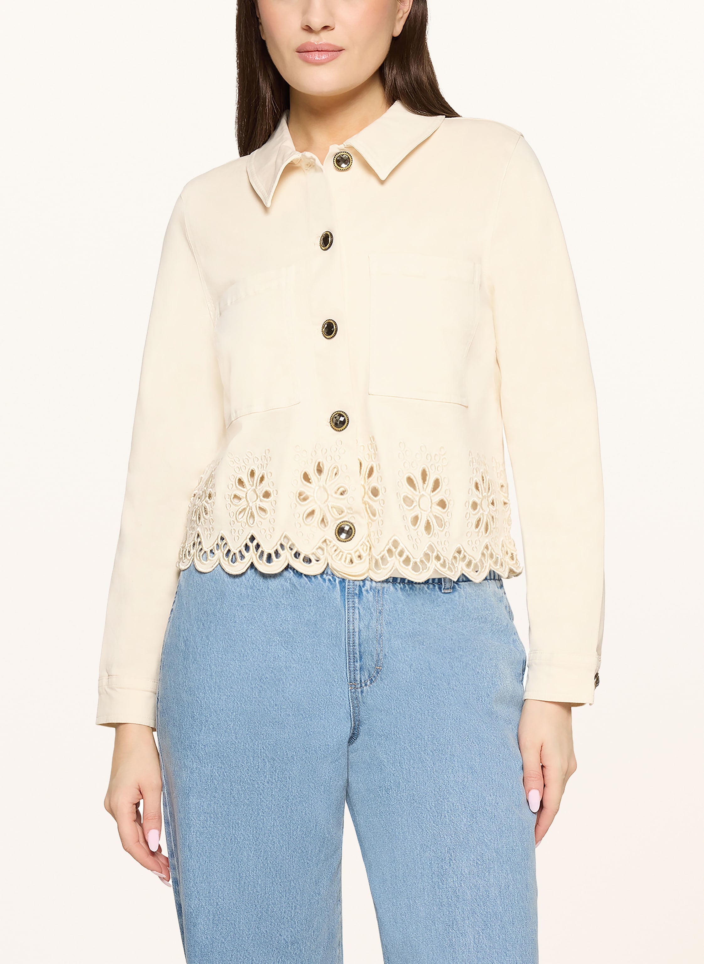 Thumbnail - Cartoon Kastenjacke Mit Lochspitze Und Schmucksteinen weiss