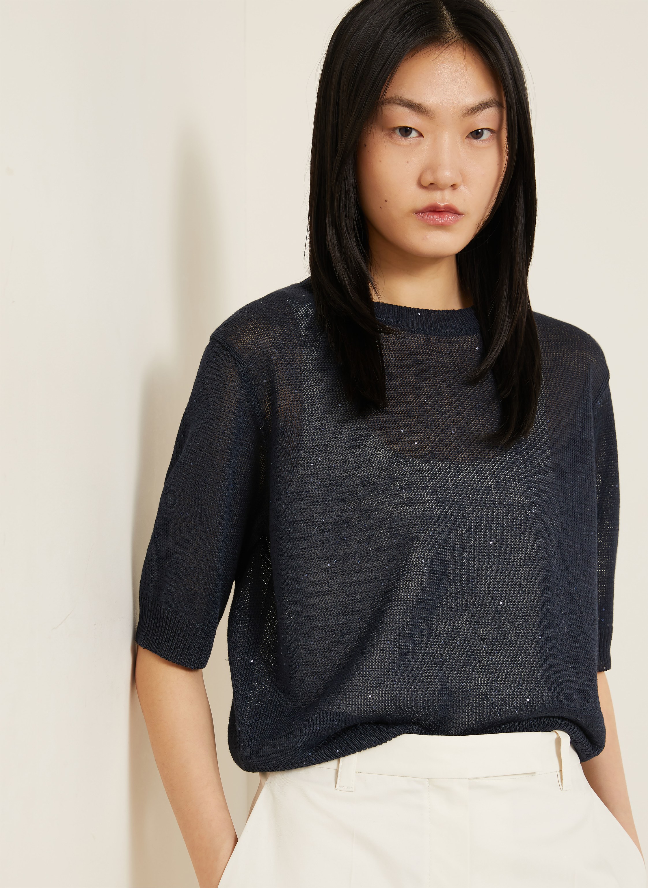 Thumbnail - Brunello Cucinelli Strickshirt Aus Leinen Mit Pailletten blau