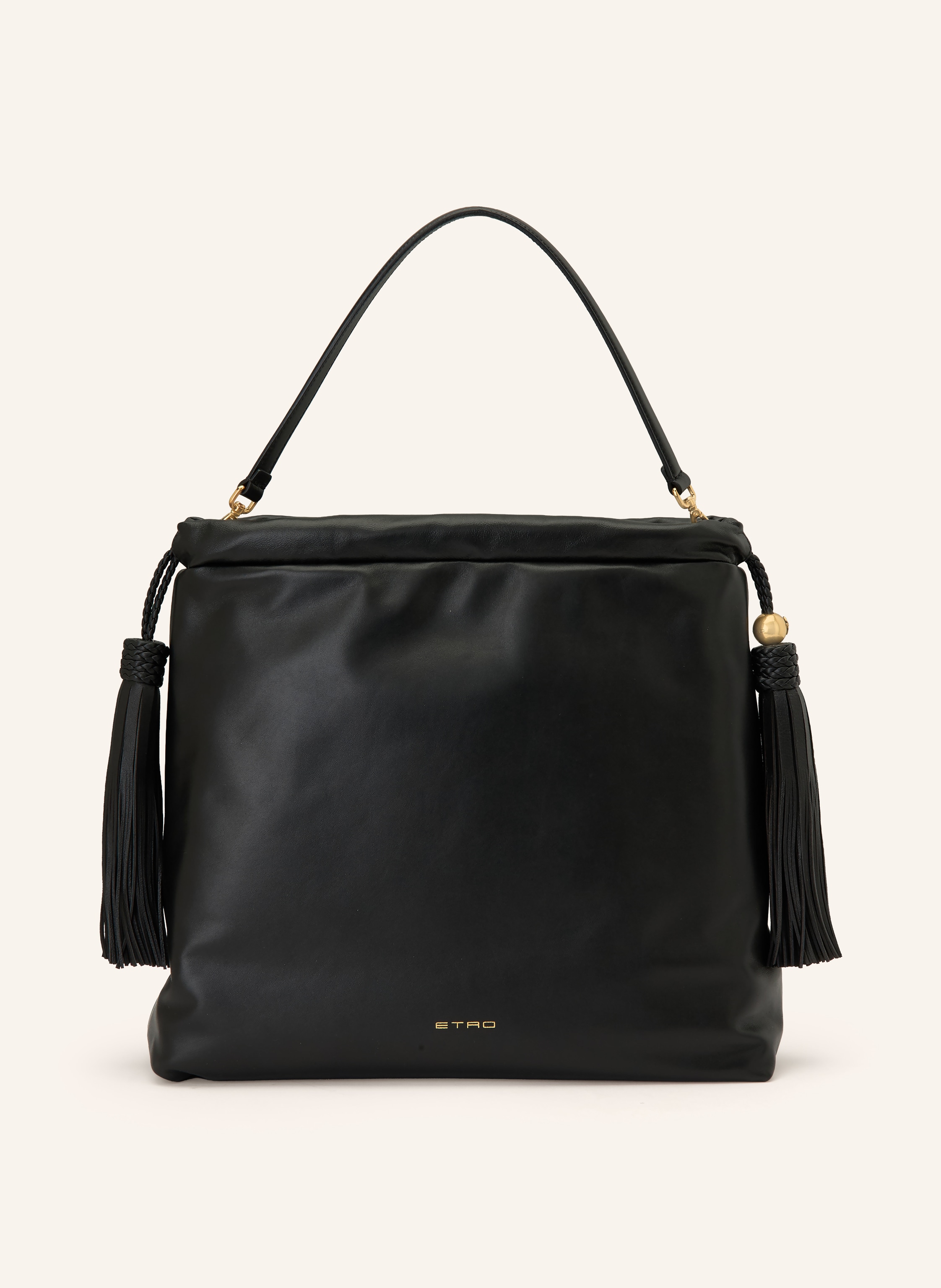 Etro Ein Steckfach. Abnehmbarer Schulterriemen. Durchzugsband. Magnetverschluss. Innen ein Hauptfach. Label-Details. Genarbtes Leder. Unifarben. Quasten. Made in Italy Medium in schwarz / gold
