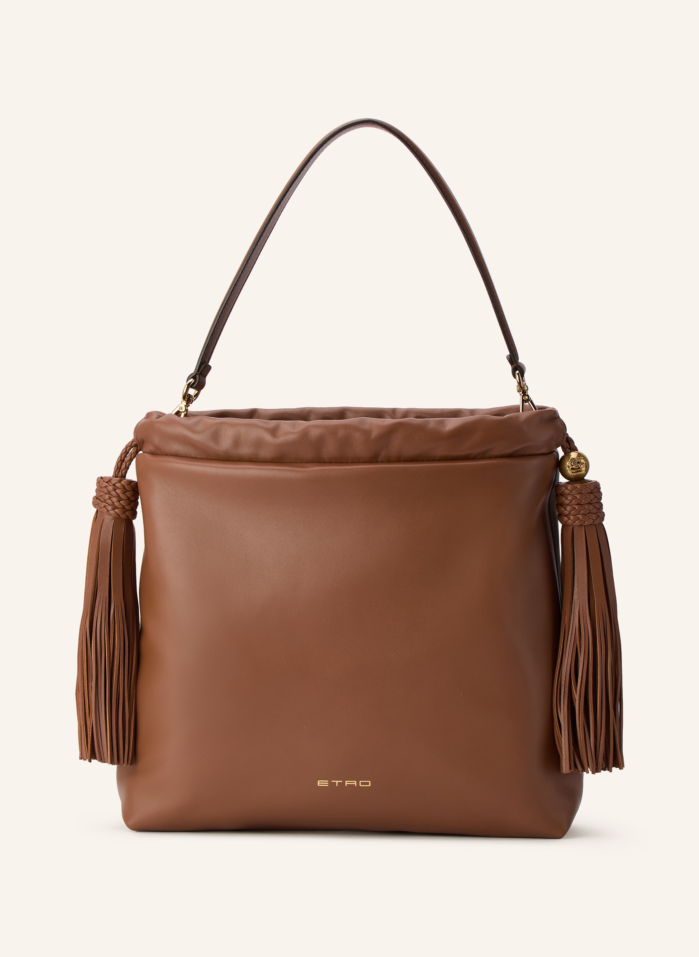 Etro Ein Steckfach. Ein Tragegriff. Durchzugsband. Magnetverschluss. Innen ein Hauptfach. Label-Details. Fein genarbtes Leder. Unifarben. Quasten. Abnehmbarer Tragegriff. Made in Italy Medium in braun / gold