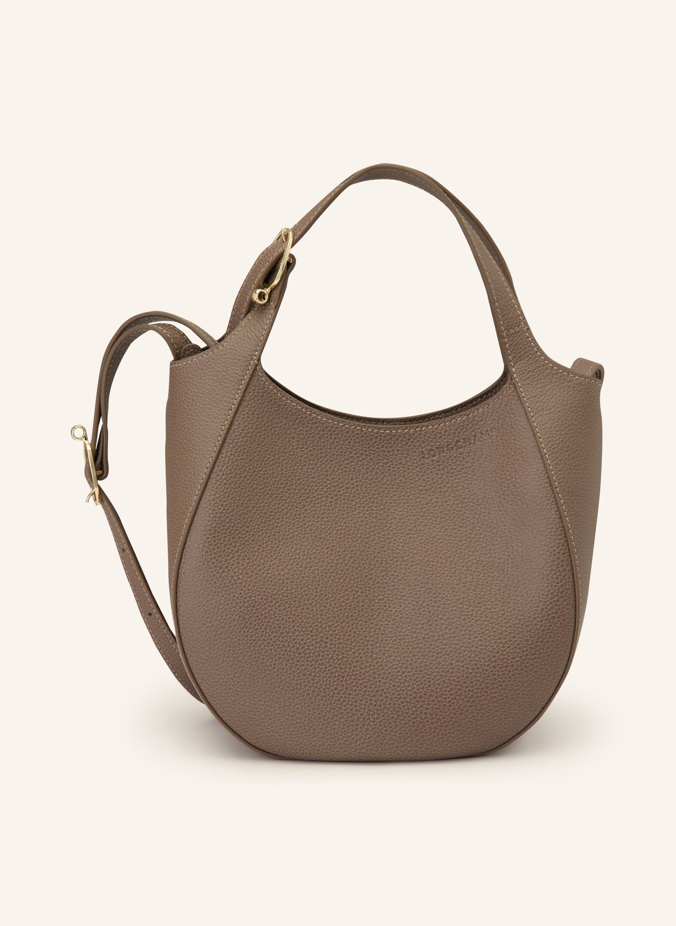 Longchamp Anhänger. Ein Innenfach mit Reißverschluss. Ein Steckfach. Innen ein Hauptfach. Längenverstellbarer Schulterriemen. Zwei Tragegriffe. Magnetverschluss. Label-Details. Fein genarbtes Leder. Unifarben in taupe