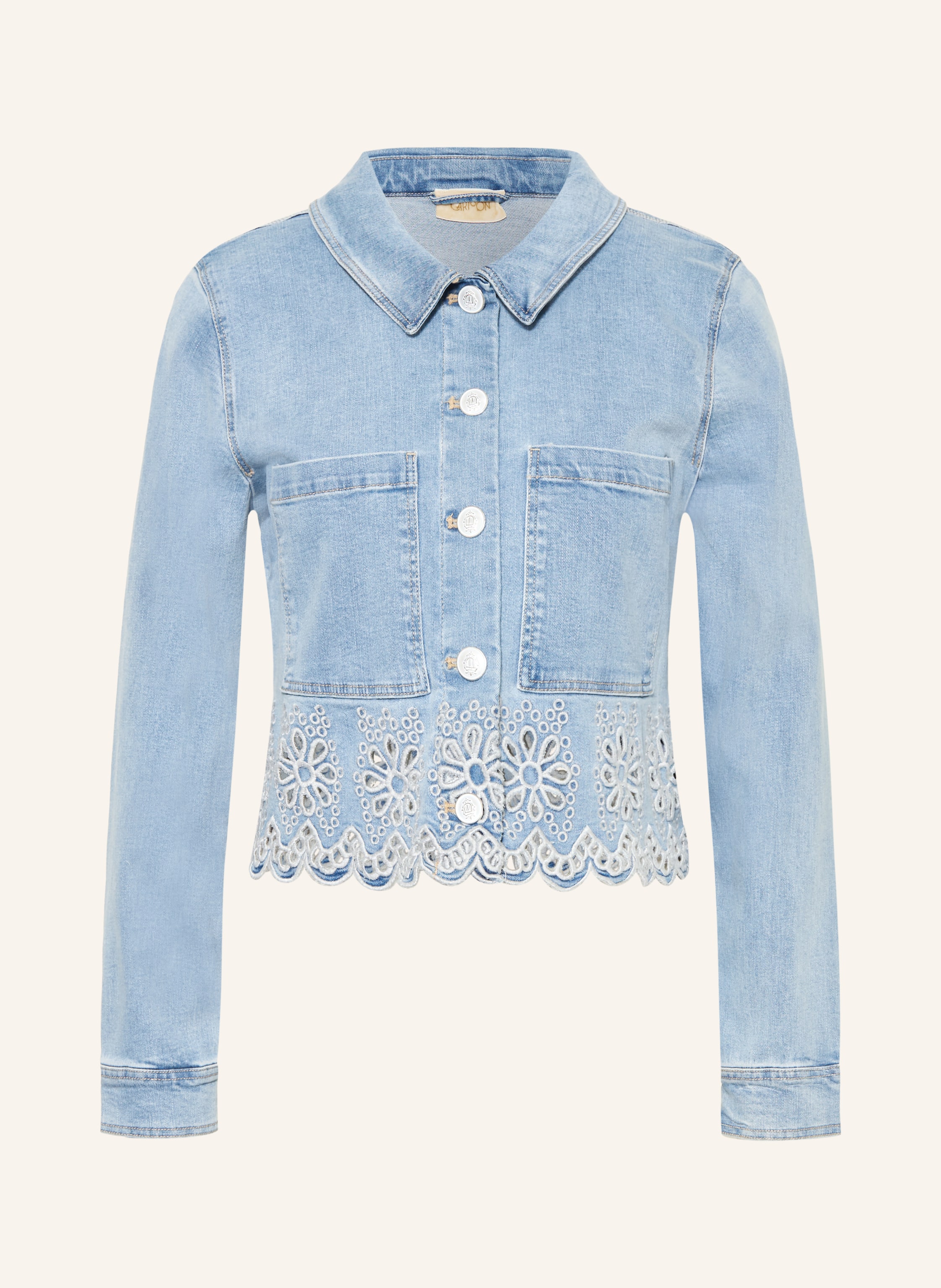 モネピネ　lace docking design denim jacket CARTOON Denim jacket with lace detailing in 8619 middle blue denim