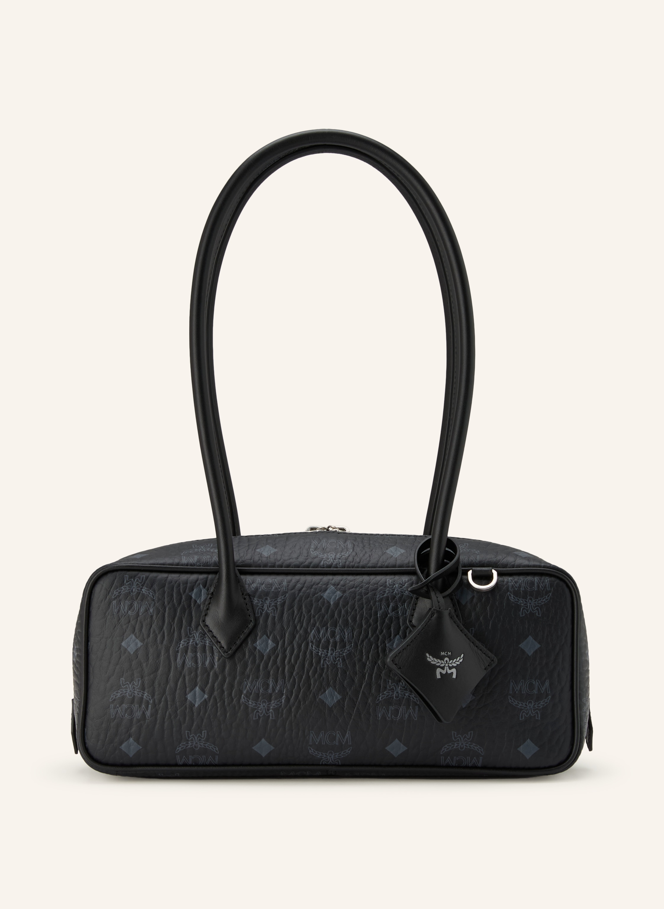 MCM Schlüsselanhänger. Zwei Kartenfächer. Zwei Tragegriffe. Zwei-Wege-Reißverschluss. Innen ein Hauptfach. Label-Details. Monogramm-Muster. Fein genarbtes Leder. Genarbtes Leder Small in schwarz / silber / dunkelgrau