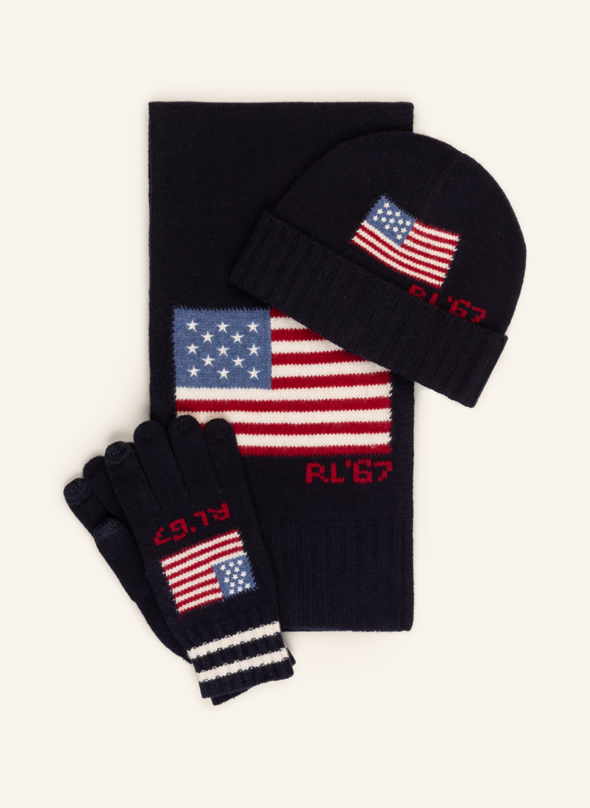 POLO RALPH LAUREN Set: Gloves, hat and scarf in dark blue/ dark red/ white  | Breuninger