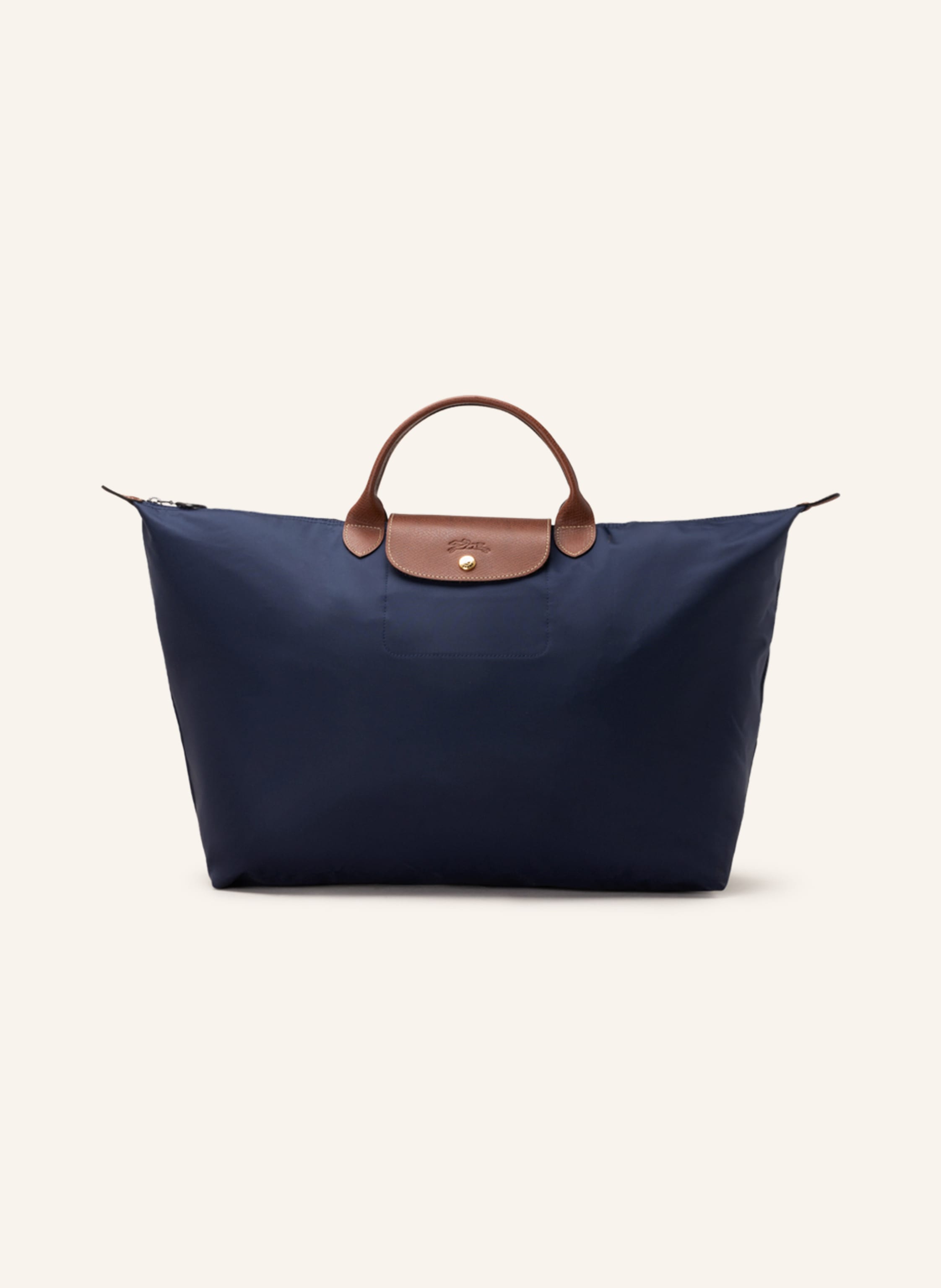 Longchamp Goldfarbene Metalldetails. Schließt mit einem Druckknopf. Tragehenkel. Steckfach für Smartphone & Co. Faltbar Large in dunkelblau
