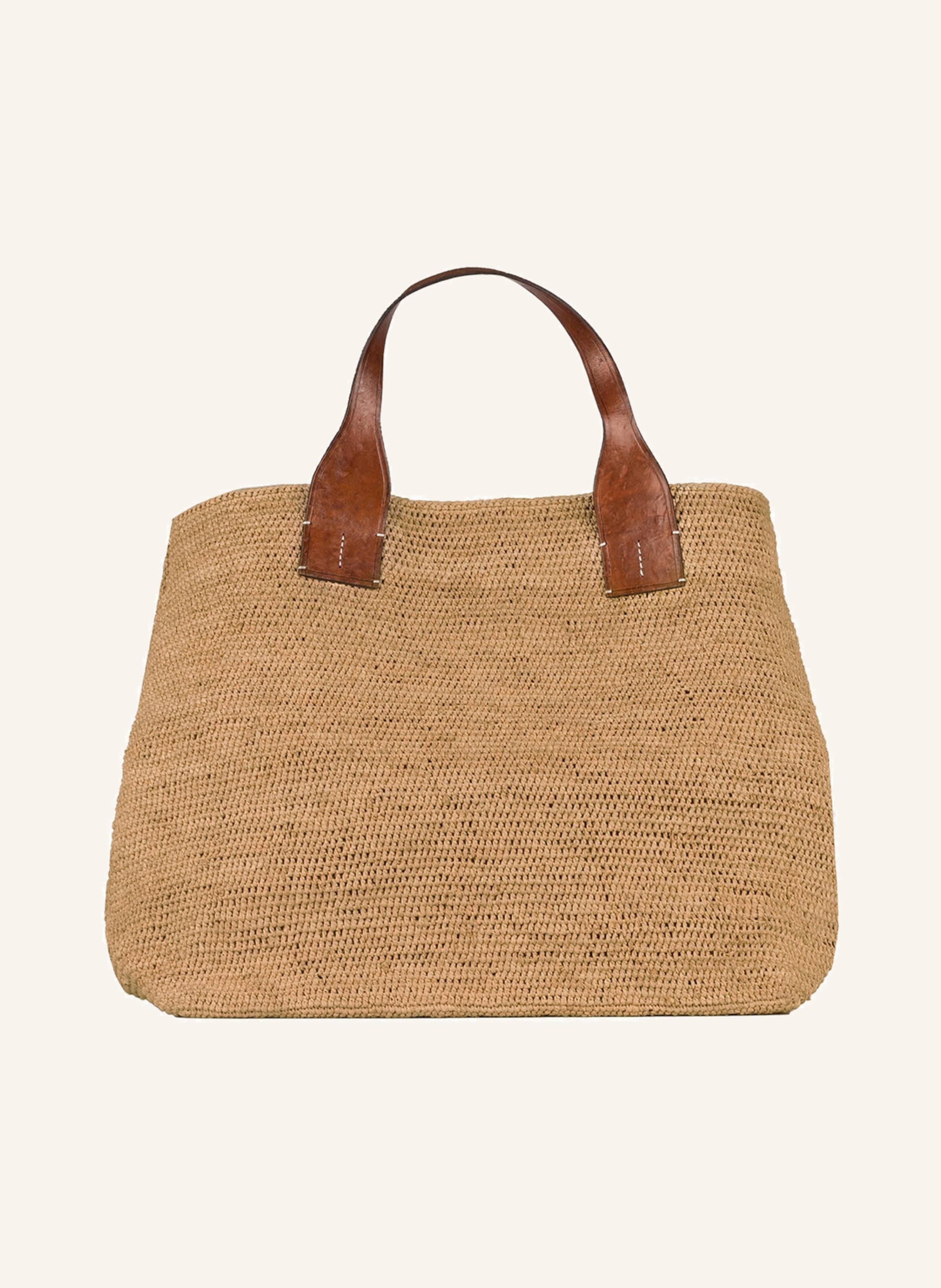 Ibeliv Lederriemen. Verarbeitung aus Bast. Weitenverstellbare Druckknöpfe an den Seiten. Textilfutter. Vier Stecktfächer innen. Handmade in beige