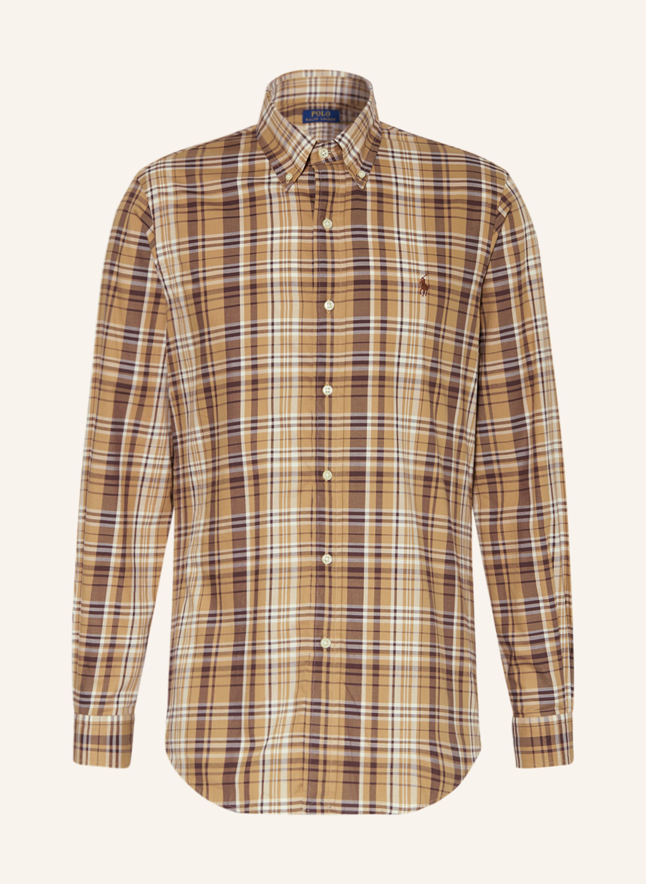brown plaid polo shirt