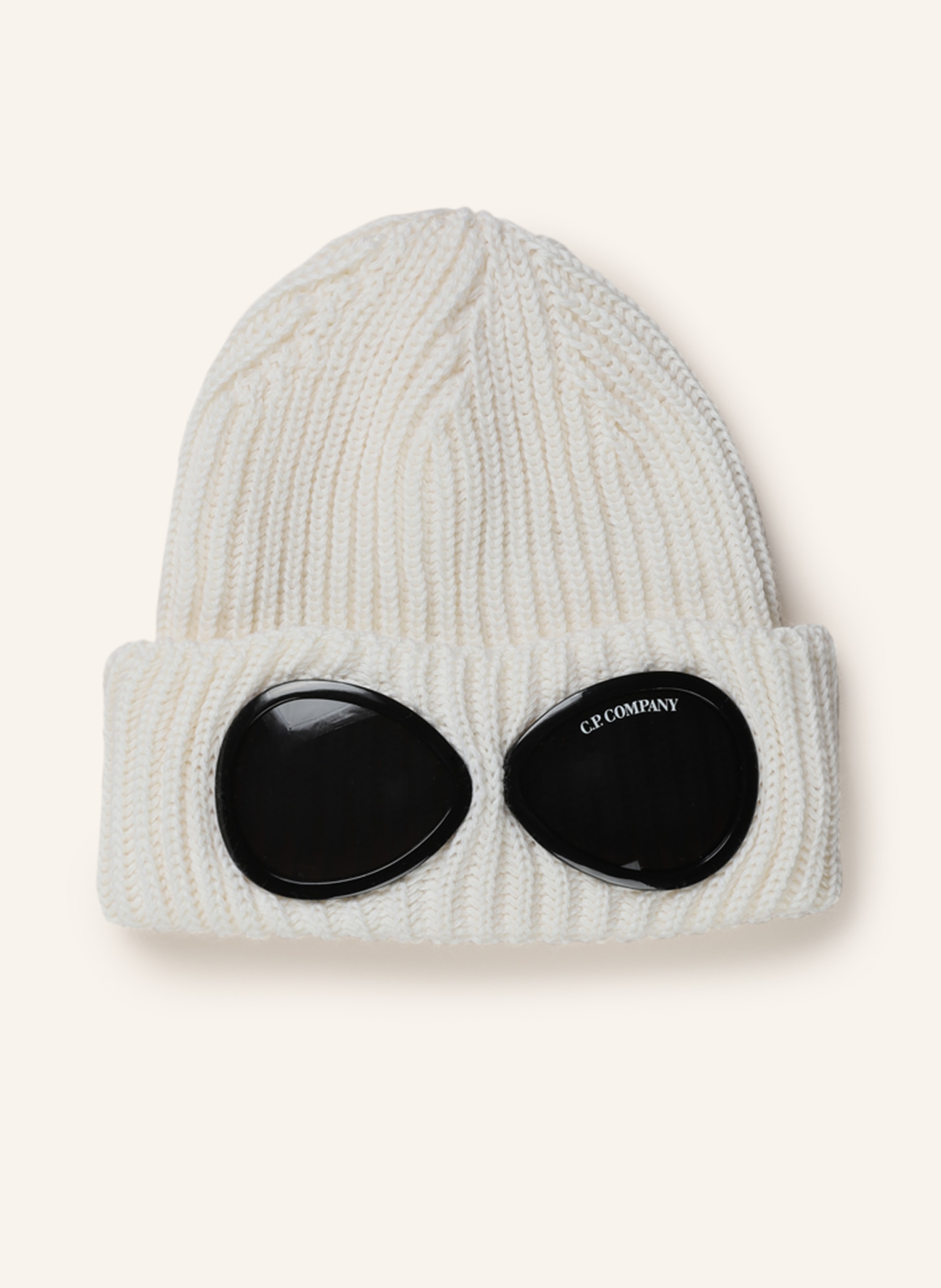 C.P. Company knitted beanie with goggle detail in khaki