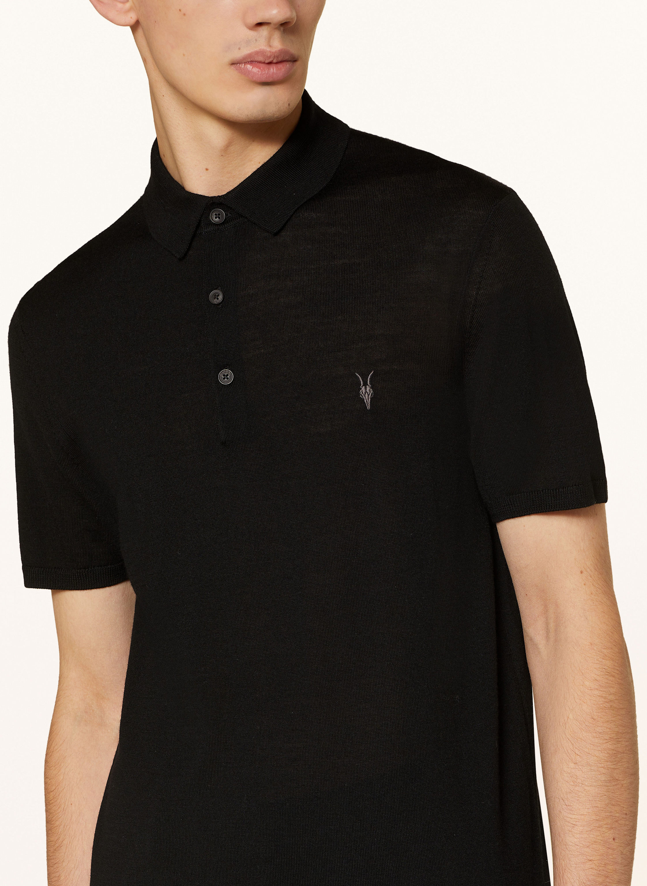 Thumbnail - Allsaints Strick-Poloshirt Mode Merino Aus Merinowolle schwarz