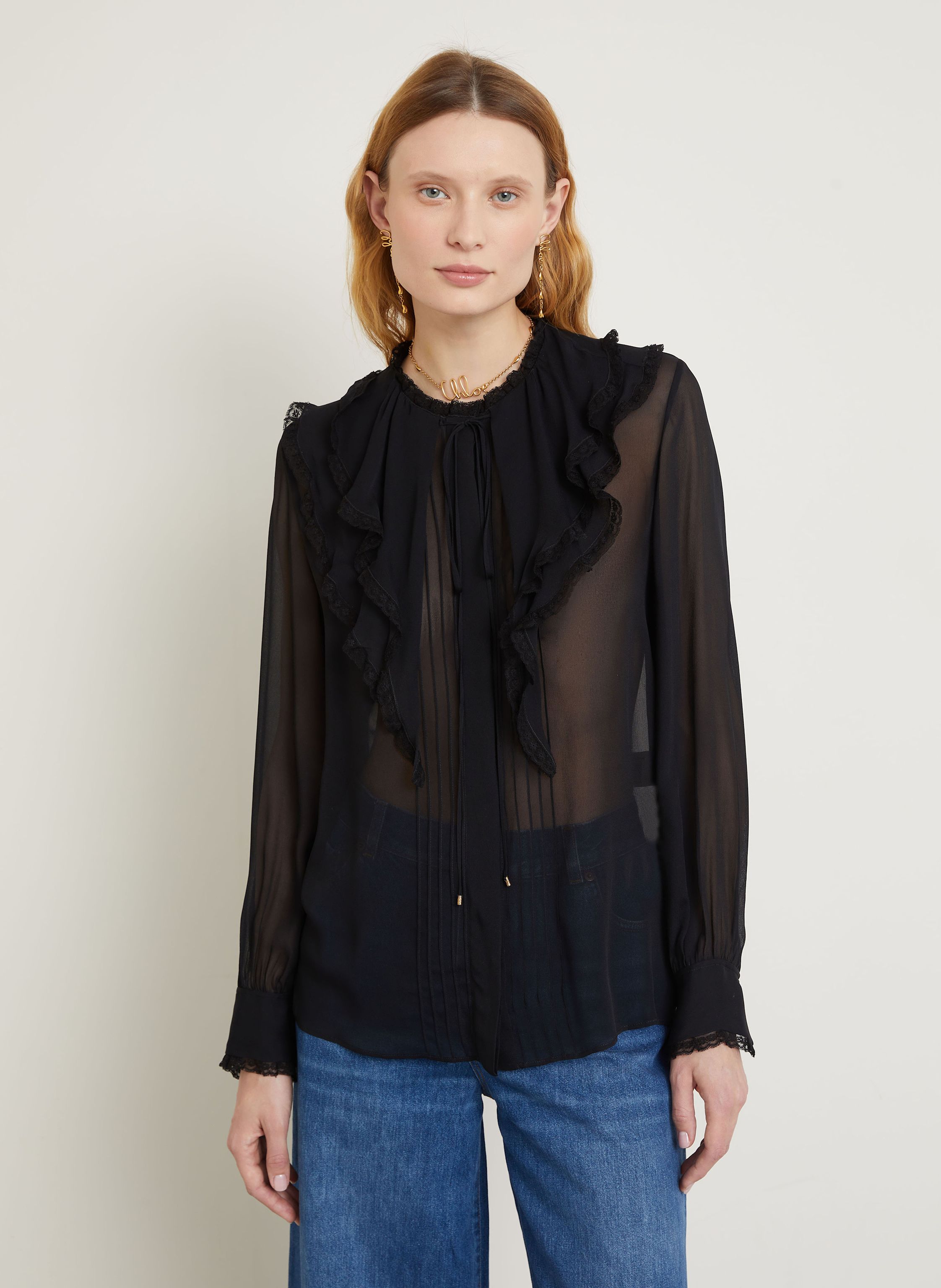Thumbnail - Chloé Seidenbluse Mit Volants Und Spitze schwarz