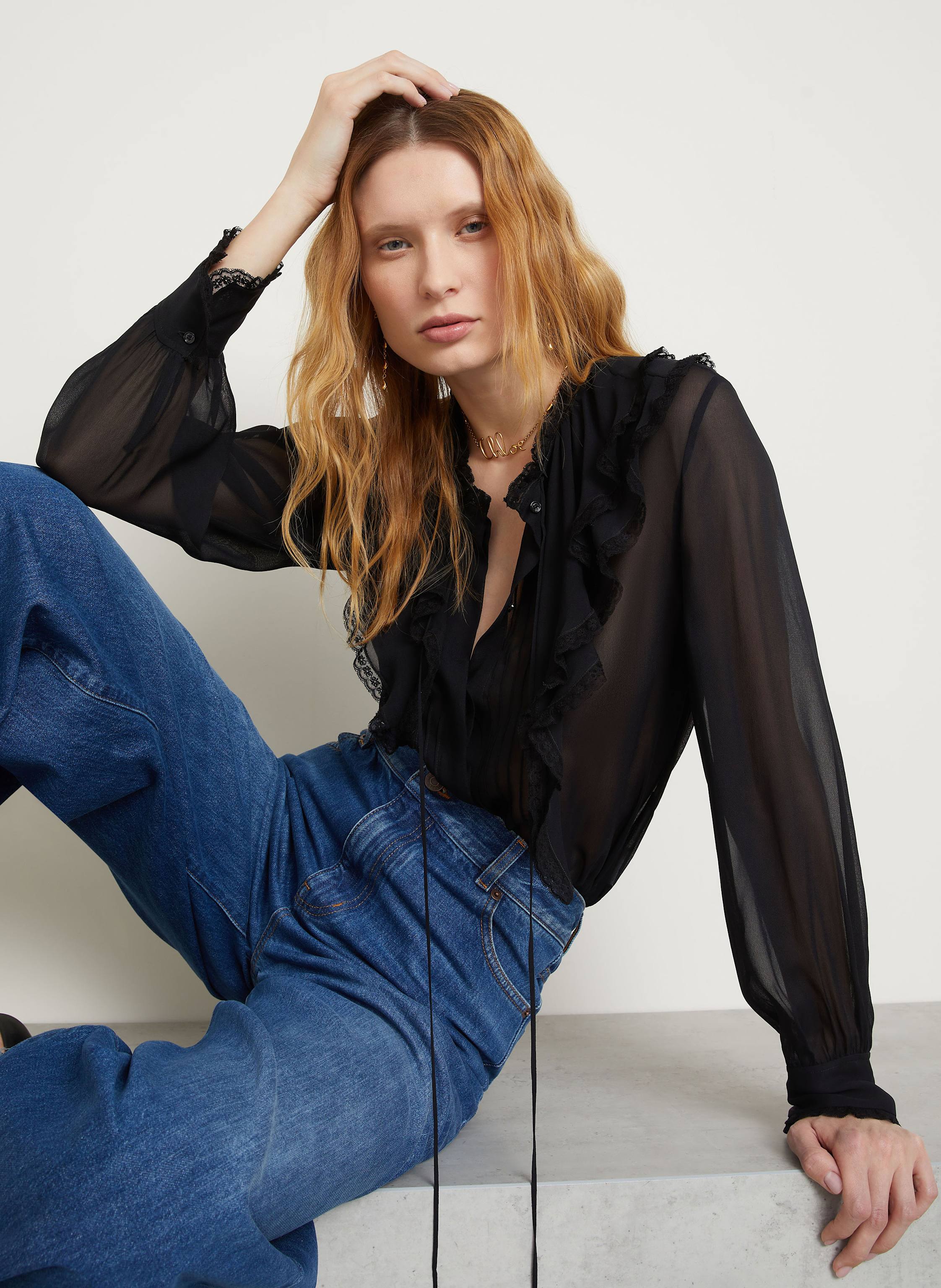 Thumbnail - Chloé Seidenbluse Mit Volants Und Spitze schwarz