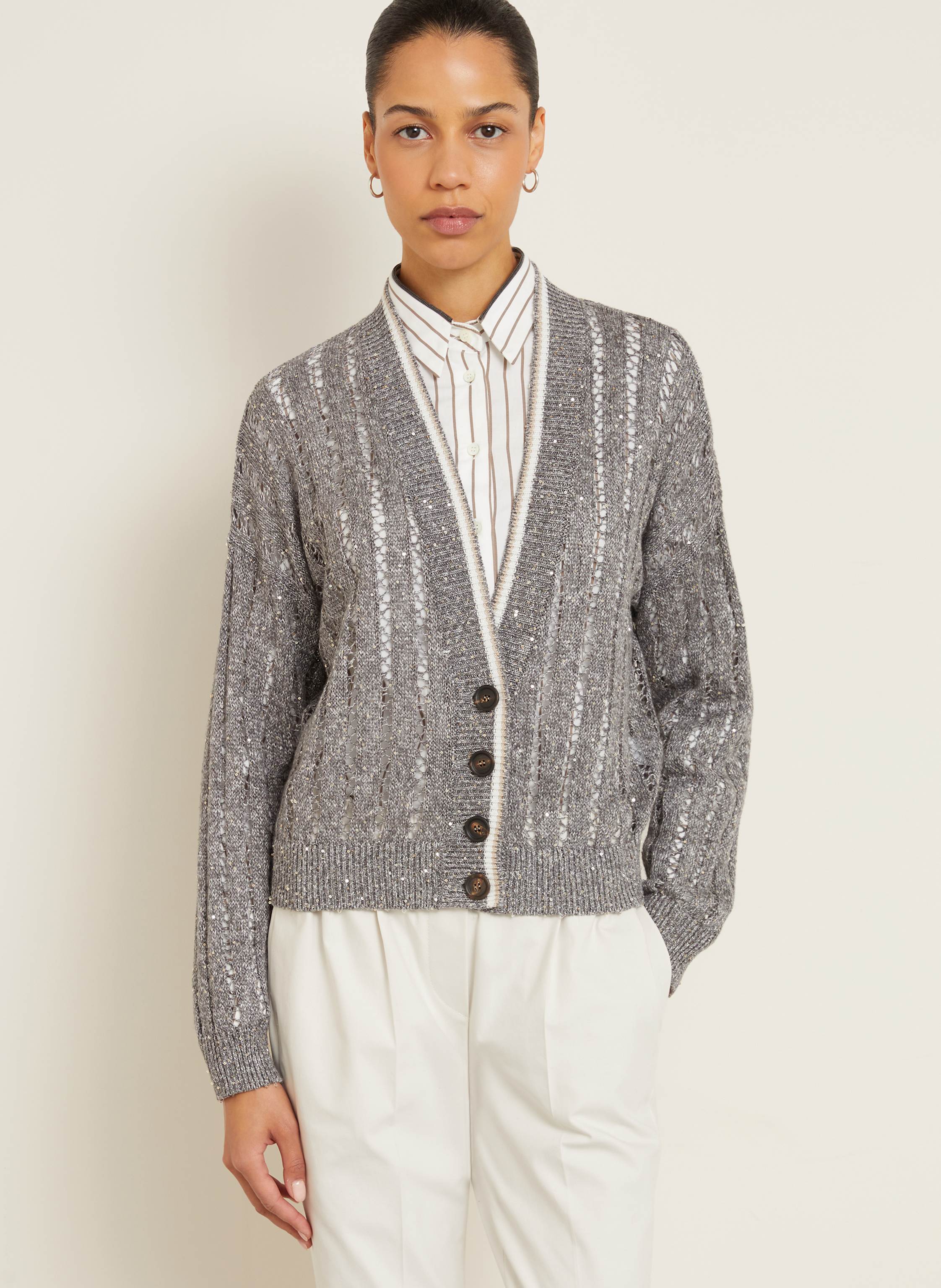 Thumbnail - Brunello Cucinelli Strickjacke Aus Leinen Mit Pailletten grau
