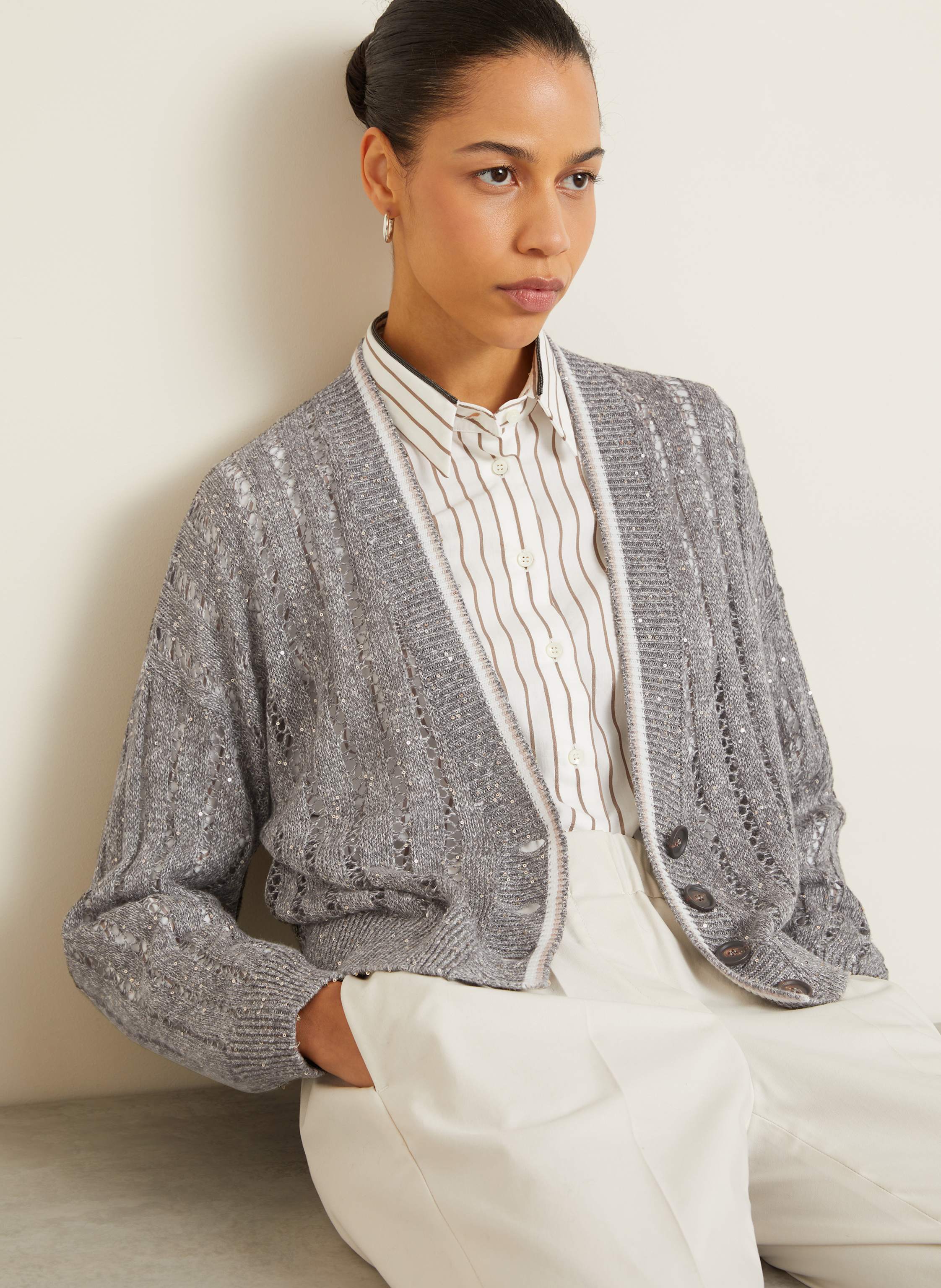 Thumbnail - Brunello Cucinelli Strickjacke Aus Leinen Mit Pailletten grau