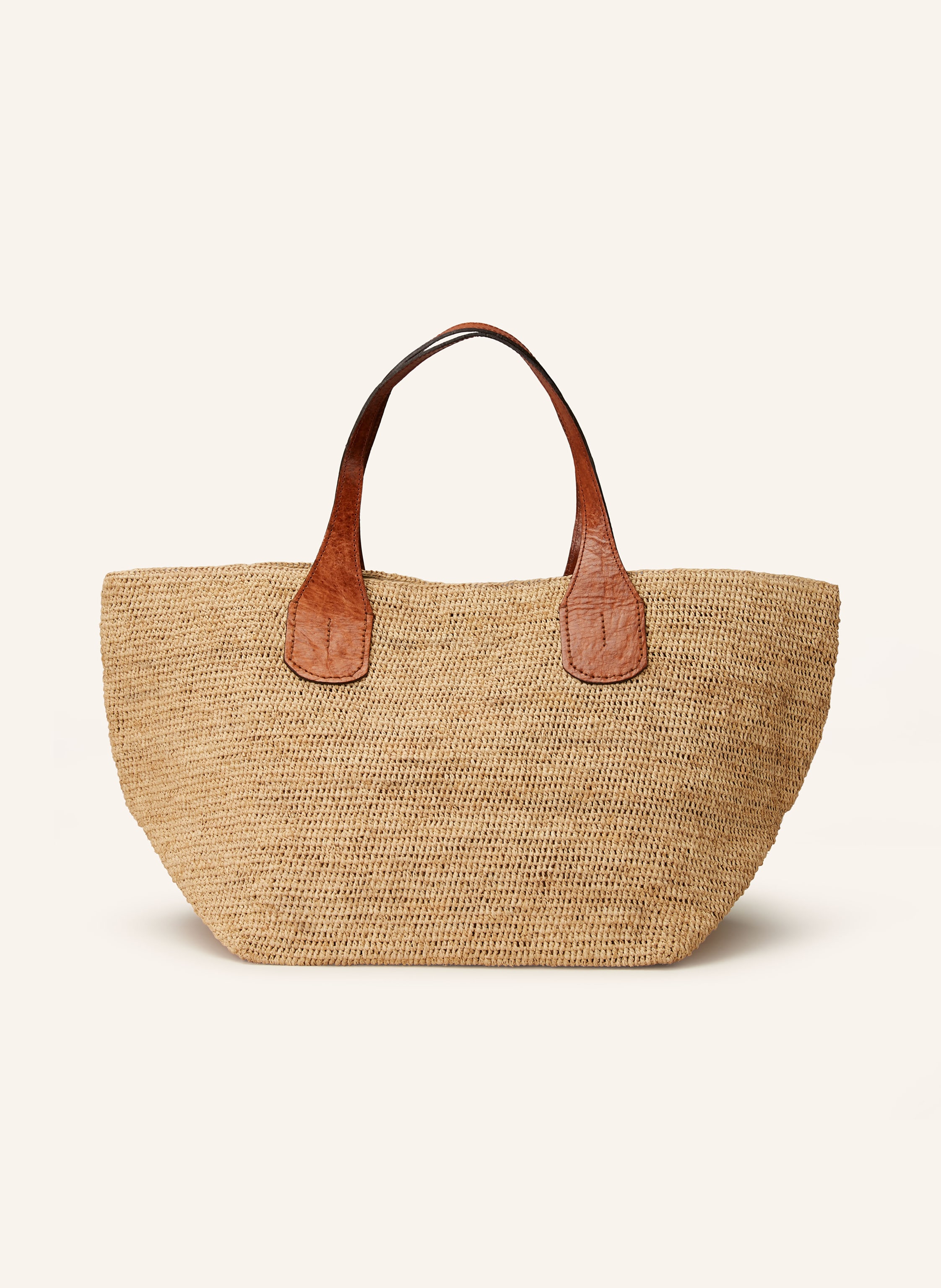 Ibeliv Aus Raffia und Leder. Flecht-Design. Gefüttert mit Bio-Baumwolle. Schließt mit Druckknopf. Zwei Tragegriffe. Innen ein Hauptfach. Vier Steckfächer für Smartphone & Co. Handmade in camel