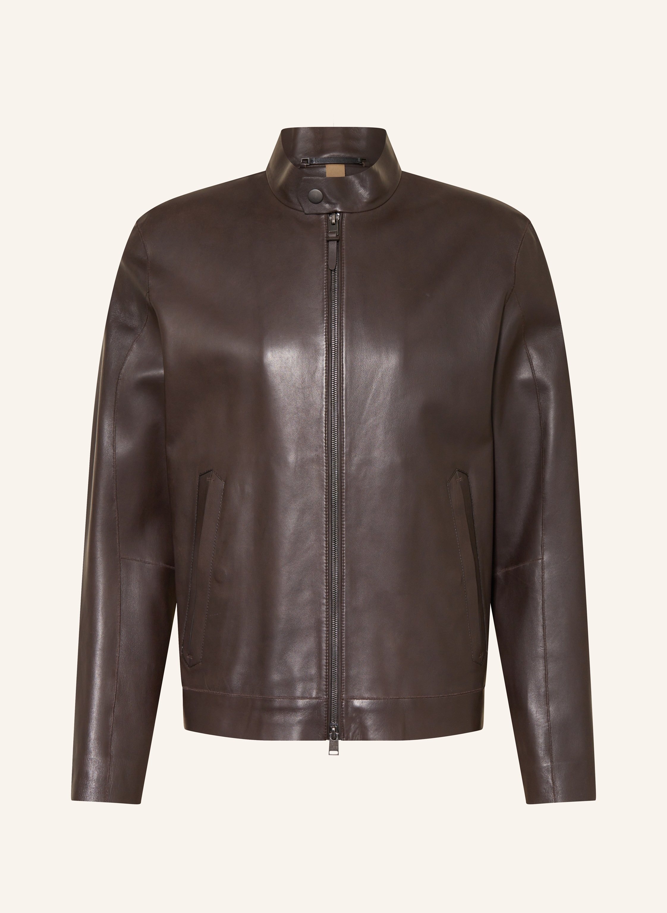 BOSS Leather jacket L MIKERO in dark brown