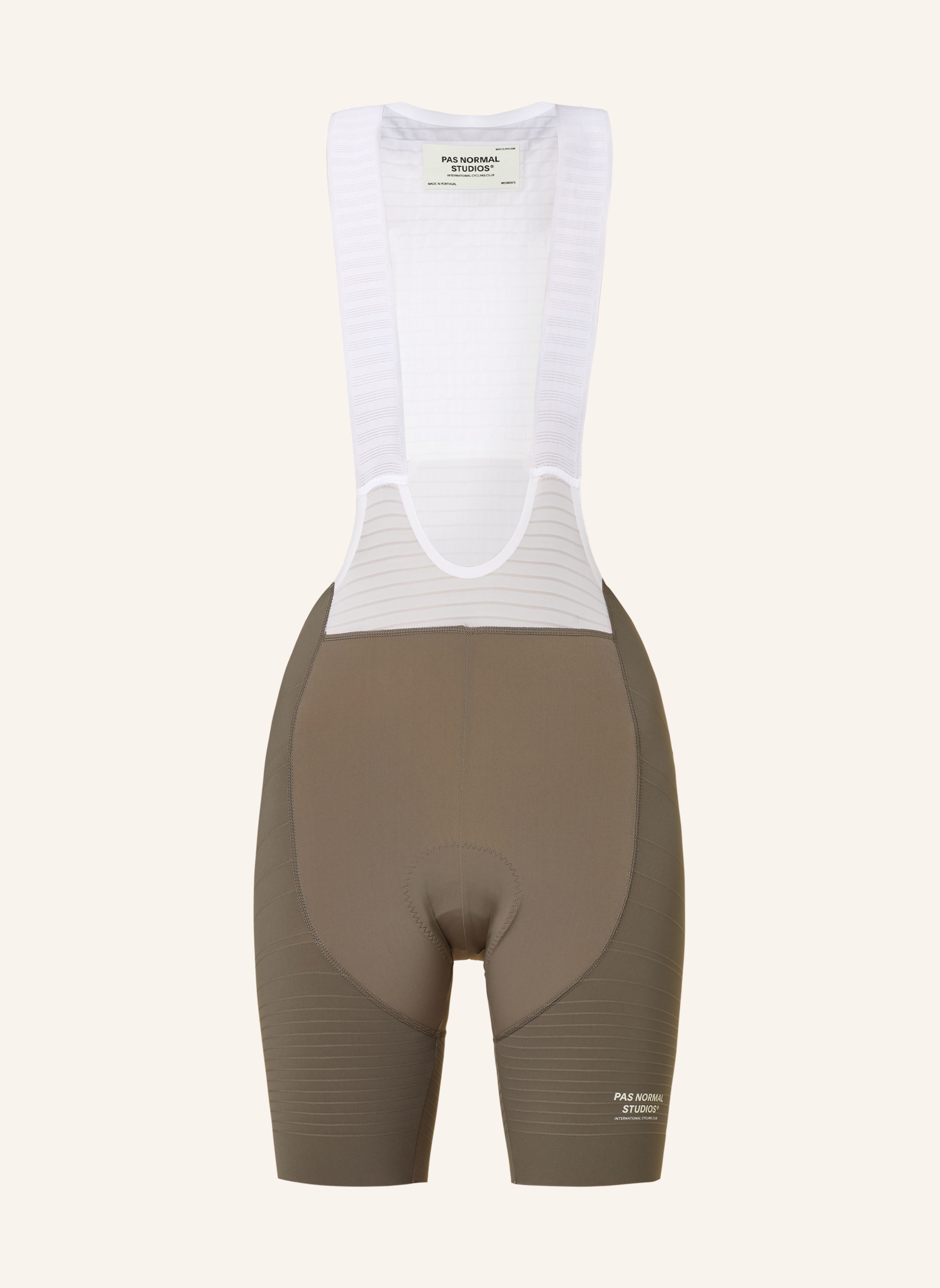 PAS NORMAL STUDIOS Cycling shorts MECHANISM PRO with straps and padded insert in taupe white