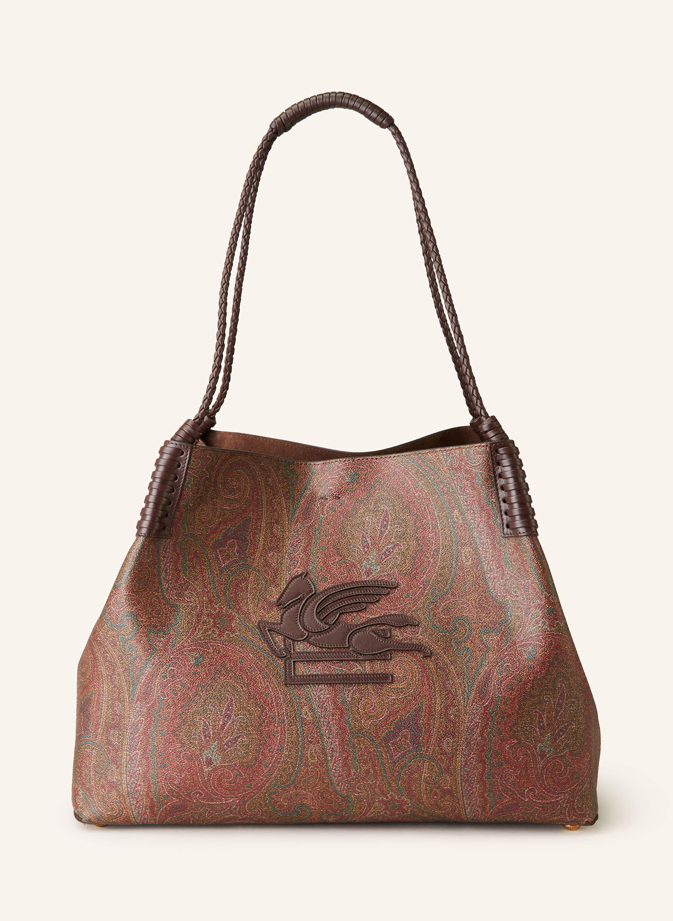 Etro Beschichtetes Canvas, Leder. Tragehenkel aus geflochtenem Leder. Schließt mit Karabinerverschluss. Herausnehmbare Pouch. Ein Hauptfach innen. Verstärkter Taschenboden mit Schutzfüßchen. Logo-Applikati Medium in dunkelbraun / petrol / rot