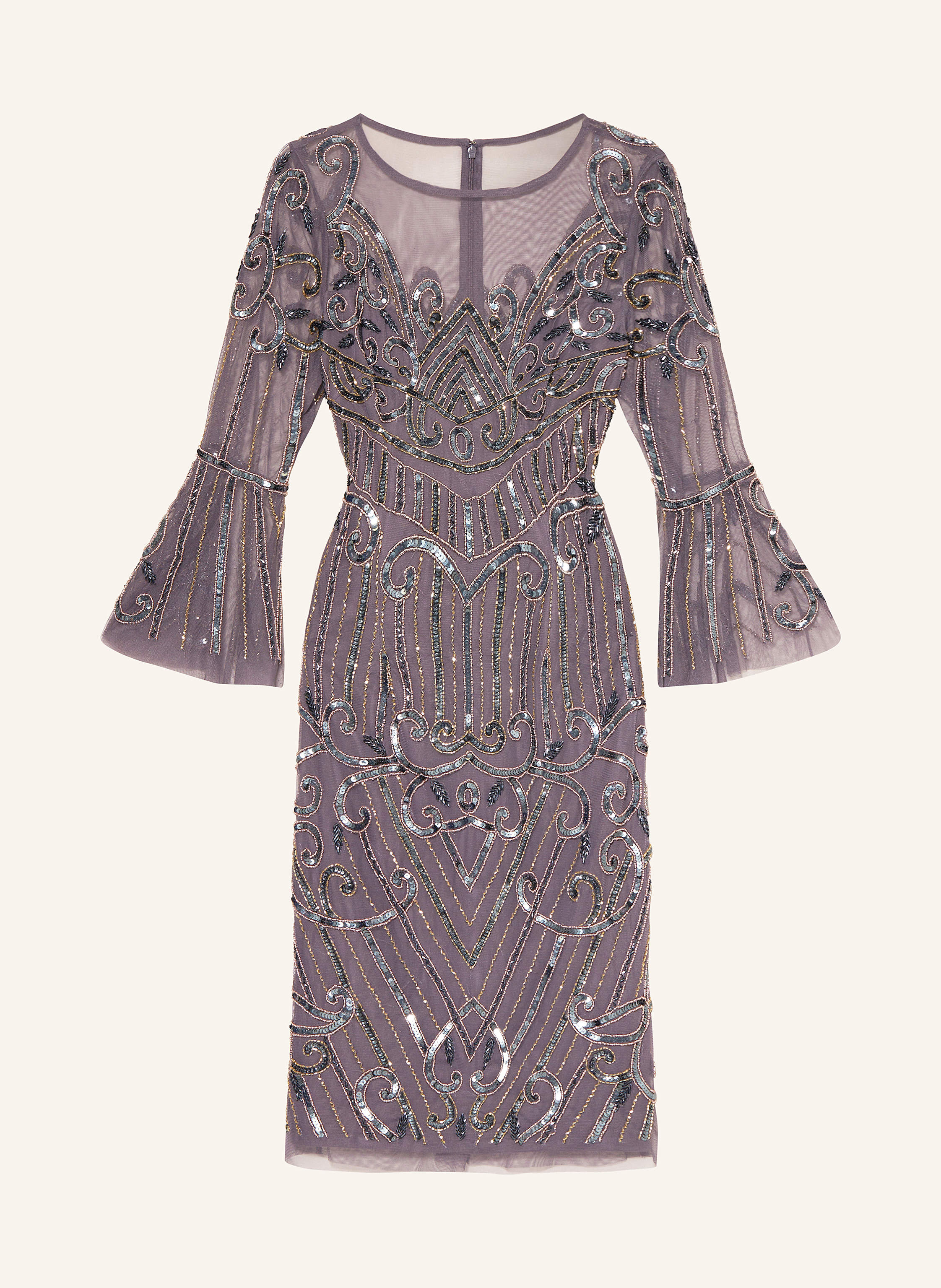 ADRIANNA PAPELL MOONSCAPE cocktail dress with sequins in light purple silver gold