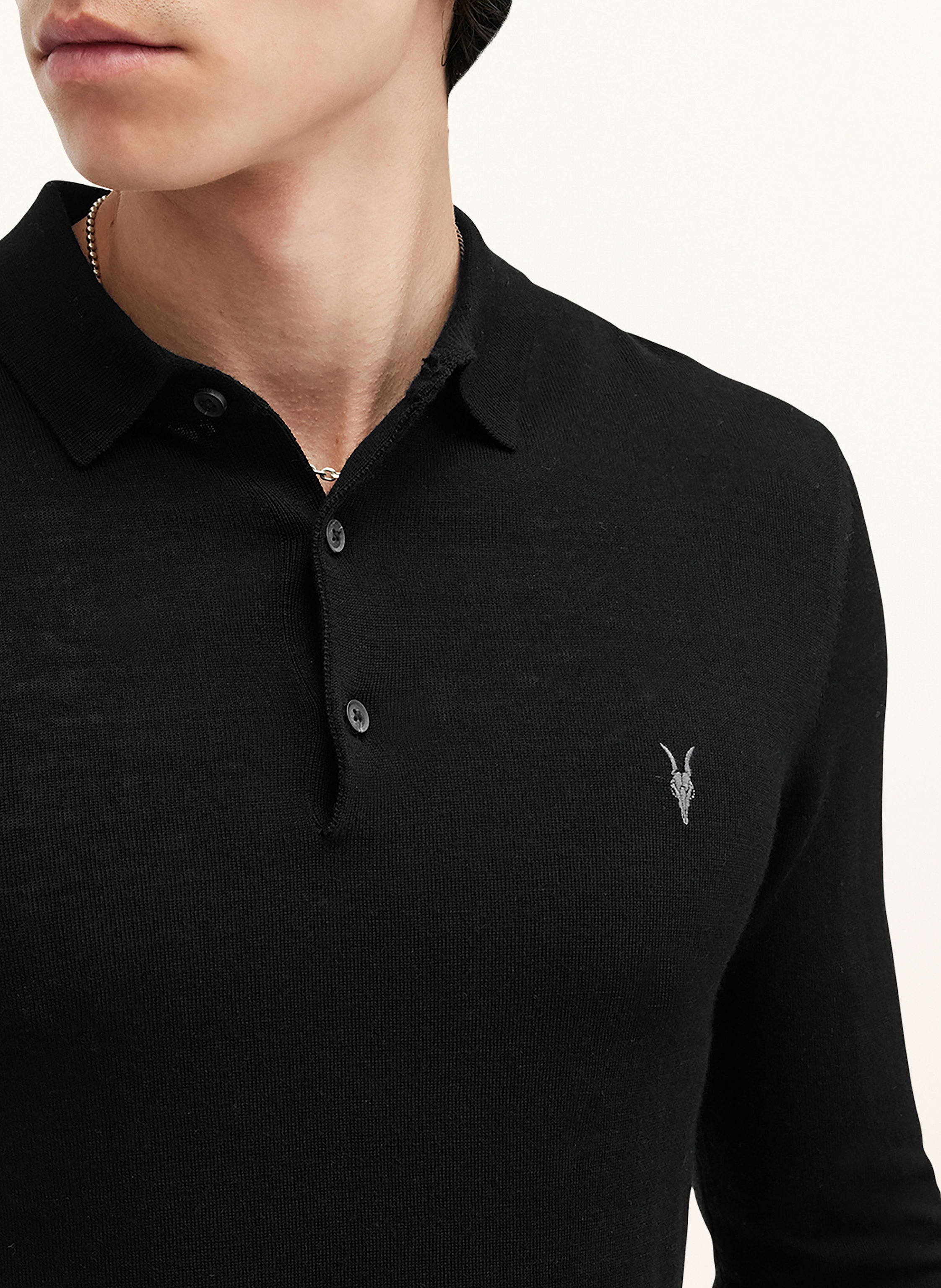 Thumbnail - Allsaints Strick-Poloshirt Mode Aus Merinowolle schwarz