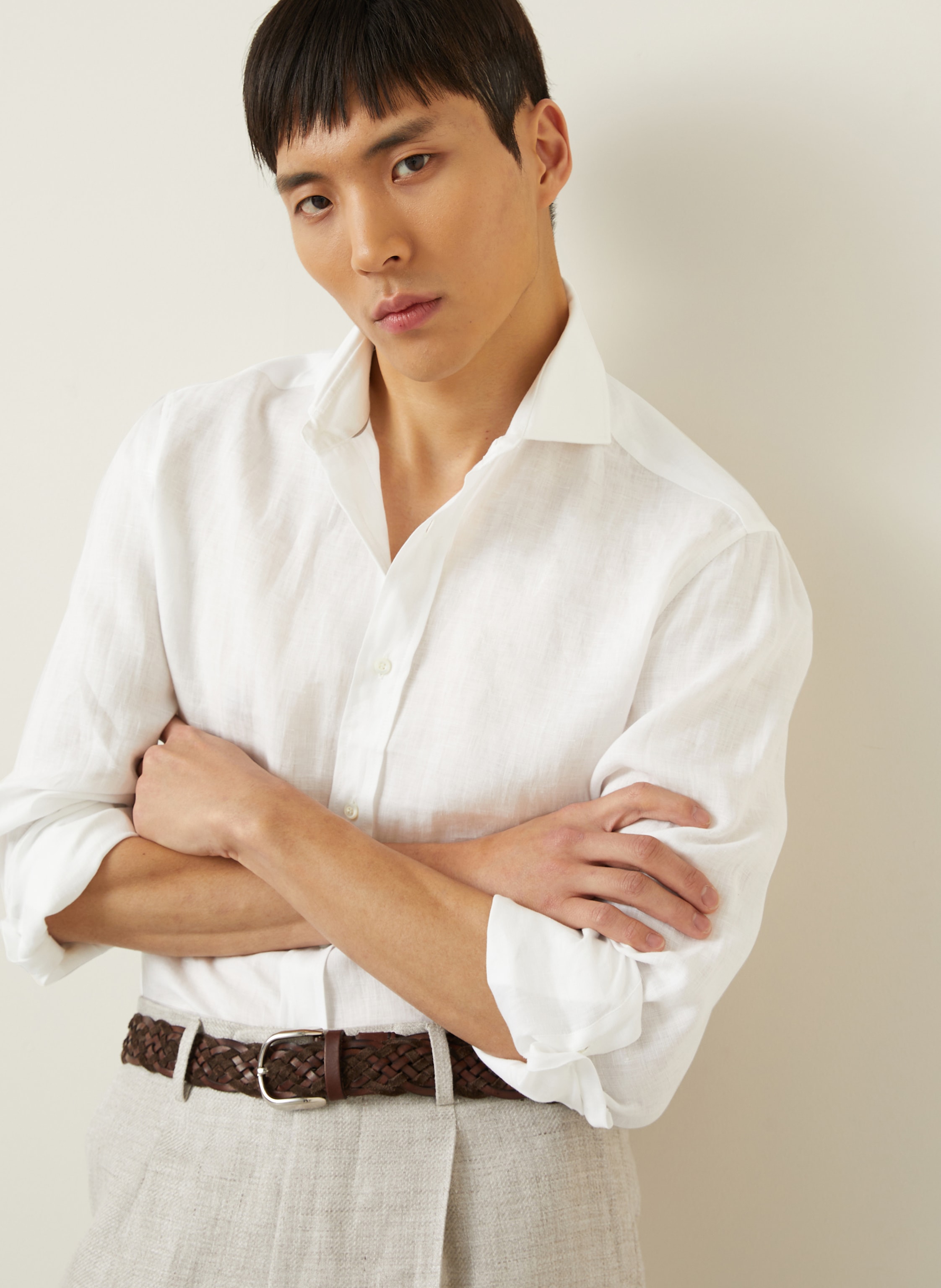 Thumbnail - Brunello Cucinelli Leinenhemd Basic Fit weiss