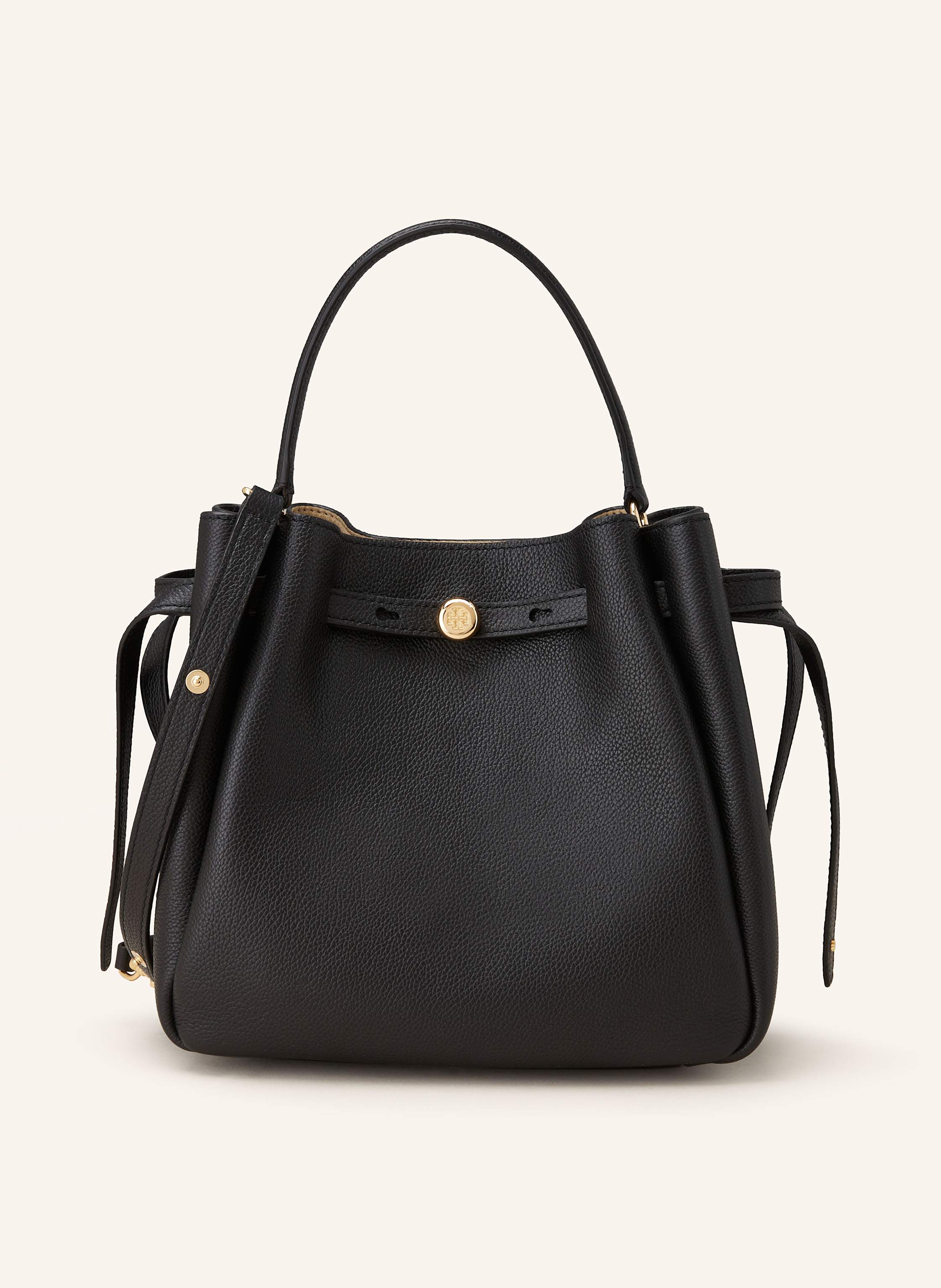 Tory Burch Genarbtes Leder. Ein Tragegriff. Abnehmbarer, längenverstellbarer Schulterriemen. Innen ein Hauptfach. Ein Steckfach für Smartphone & Co. Verstärkter Taschenboden. Label-Details in schwarz