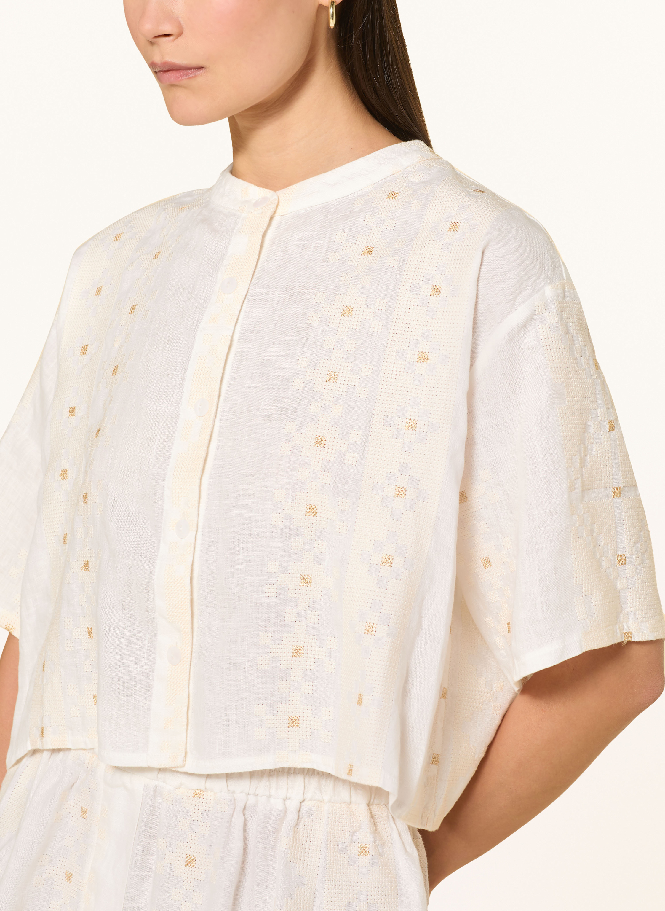 Thumbnail - Greek Archaic Kori Cropped-Bluse Pixel Aus Leinen Mit Glitzergarn weiss