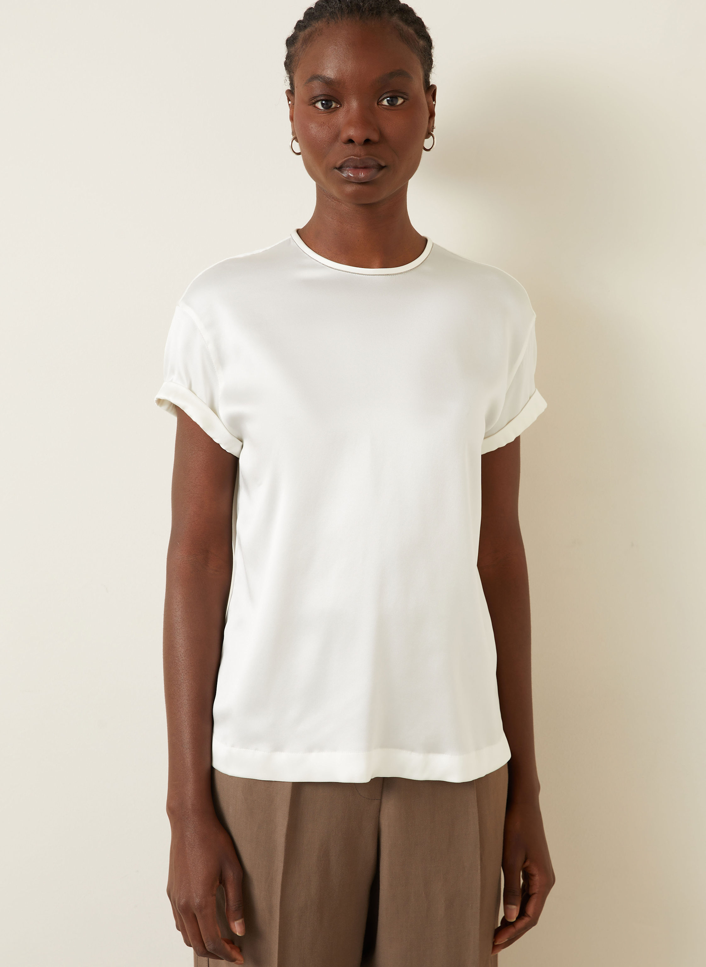 Thumbnail - Brunello Cucinelli Blusenshirt Aus Seide Mit Schmucksteinen beige