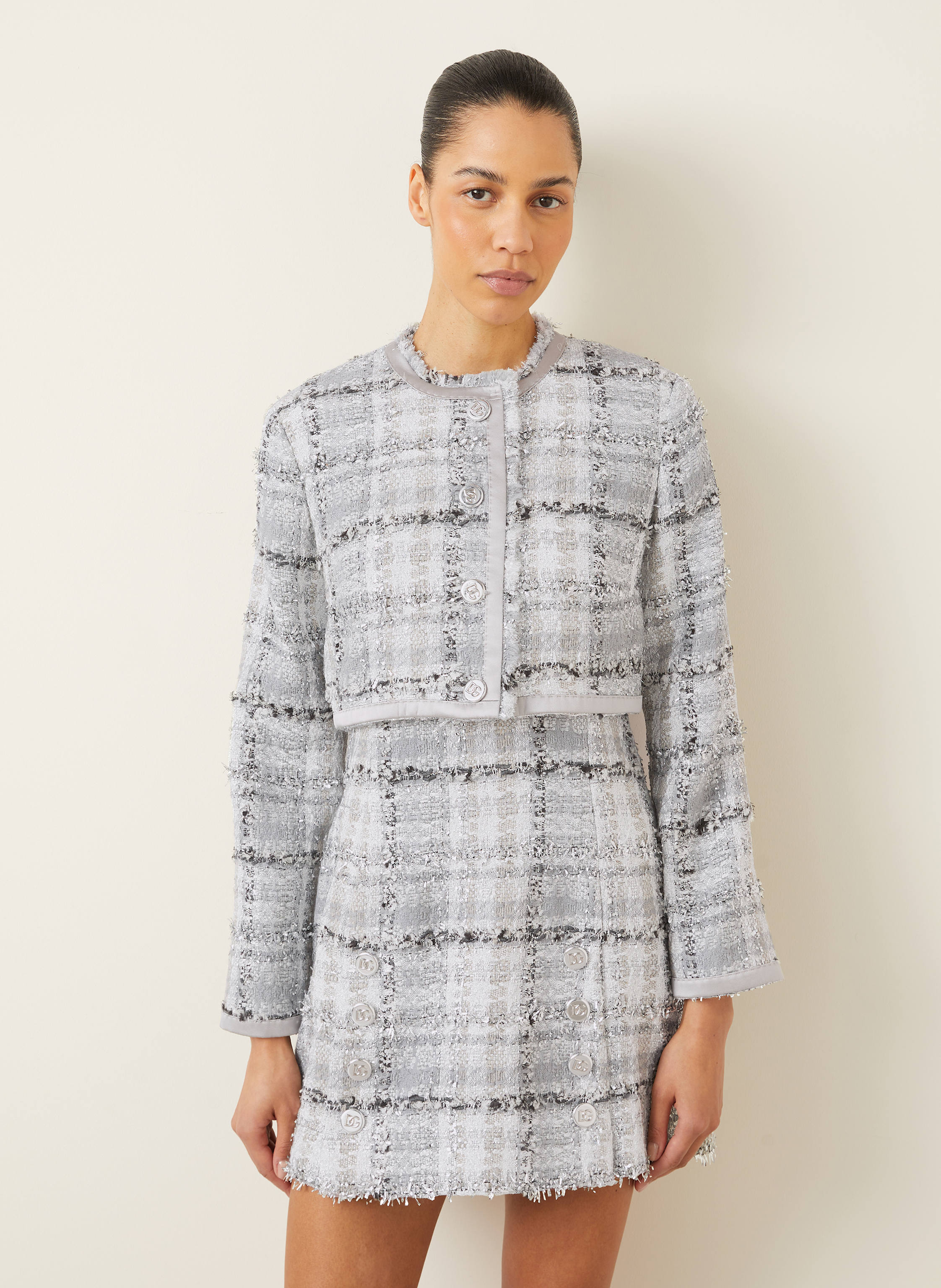 Thumbnail - Dolce & Gabbana Cropped-Jacke Rachel Aus Tweed Mit Glitzergarn grau