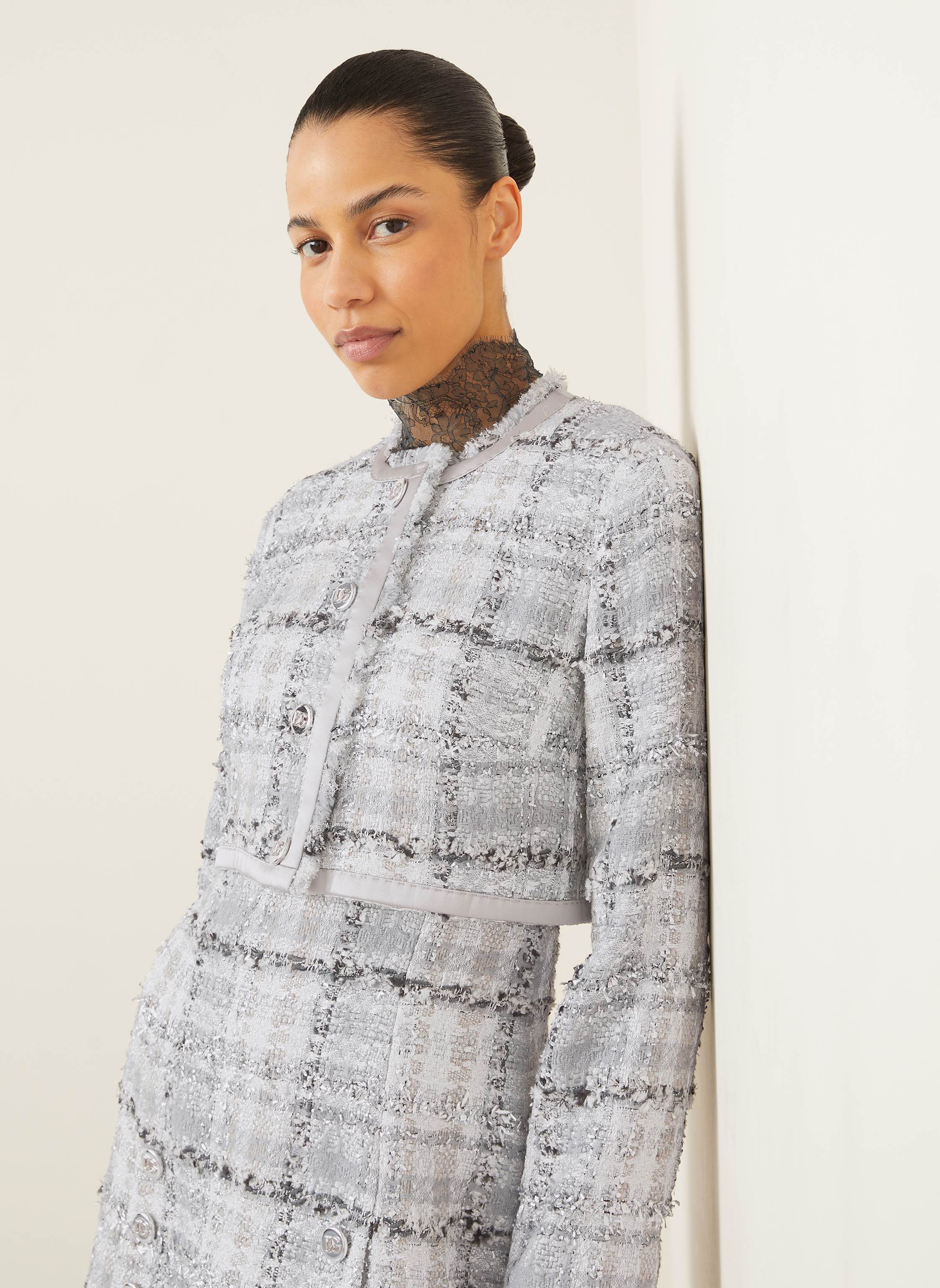 Thumbnail - Dolce & Gabbana Cropped-Jacke Rachel Aus Tweed Mit Glitzergarn grau