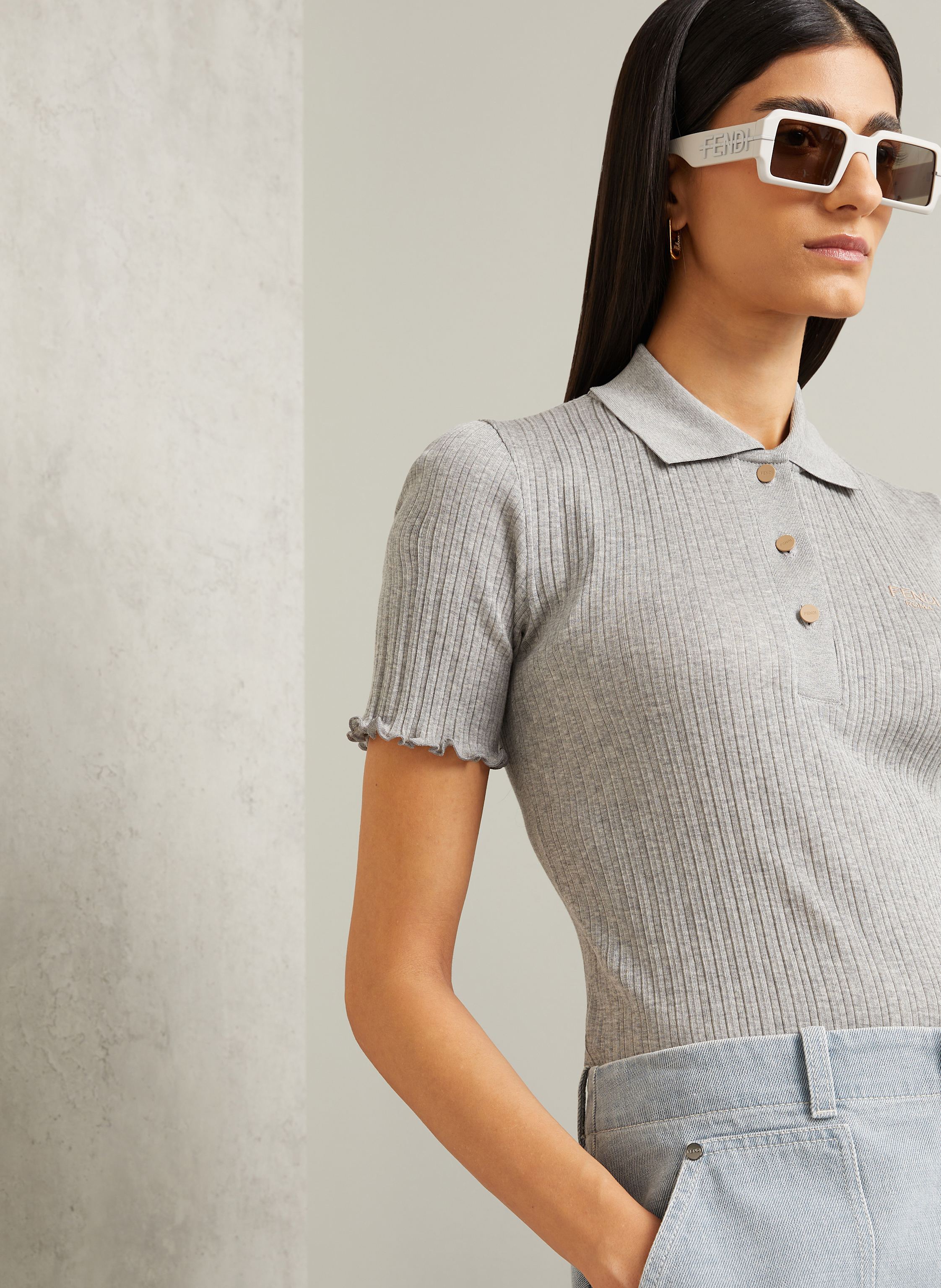 Thumbnail - Fendi Jersey-Poloshirt Mit Rüschen grau