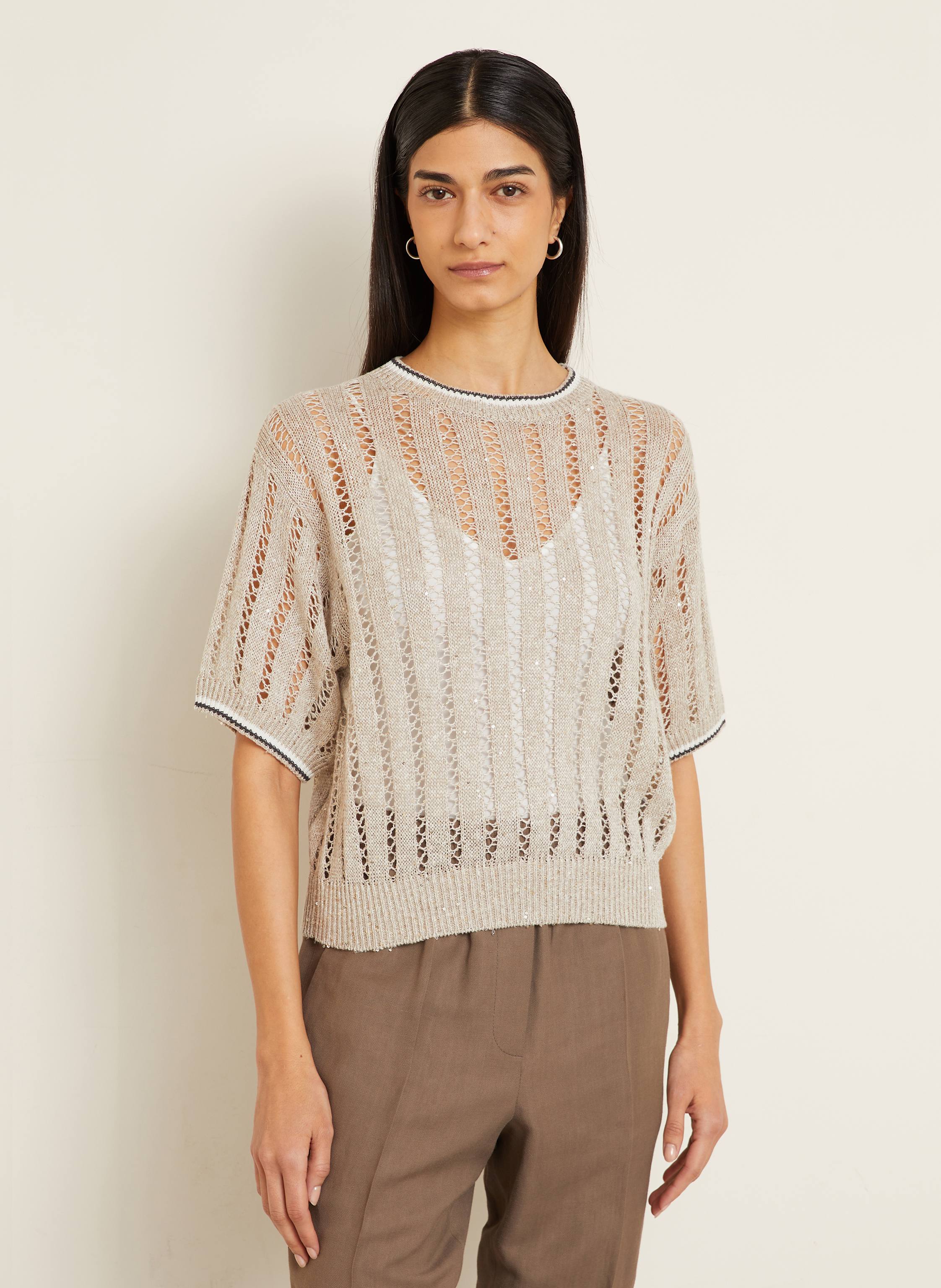 Thumbnail - Brunello Cucinelli Strickshirt Aus Leinen Mit Pailletten beige