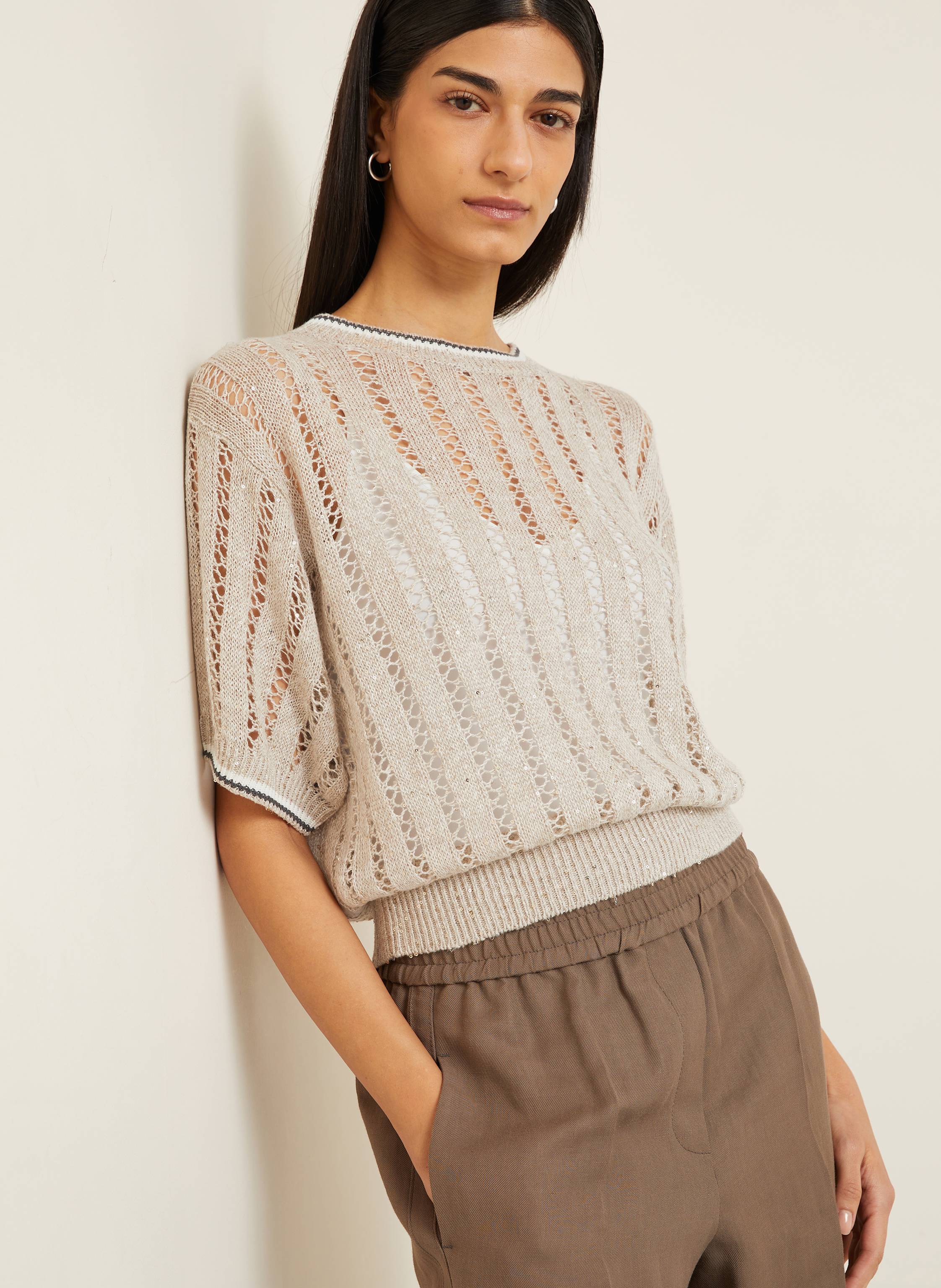 Thumbnail - Brunello Cucinelli Strickshirt Aus Leinen Mit Pailletten beige