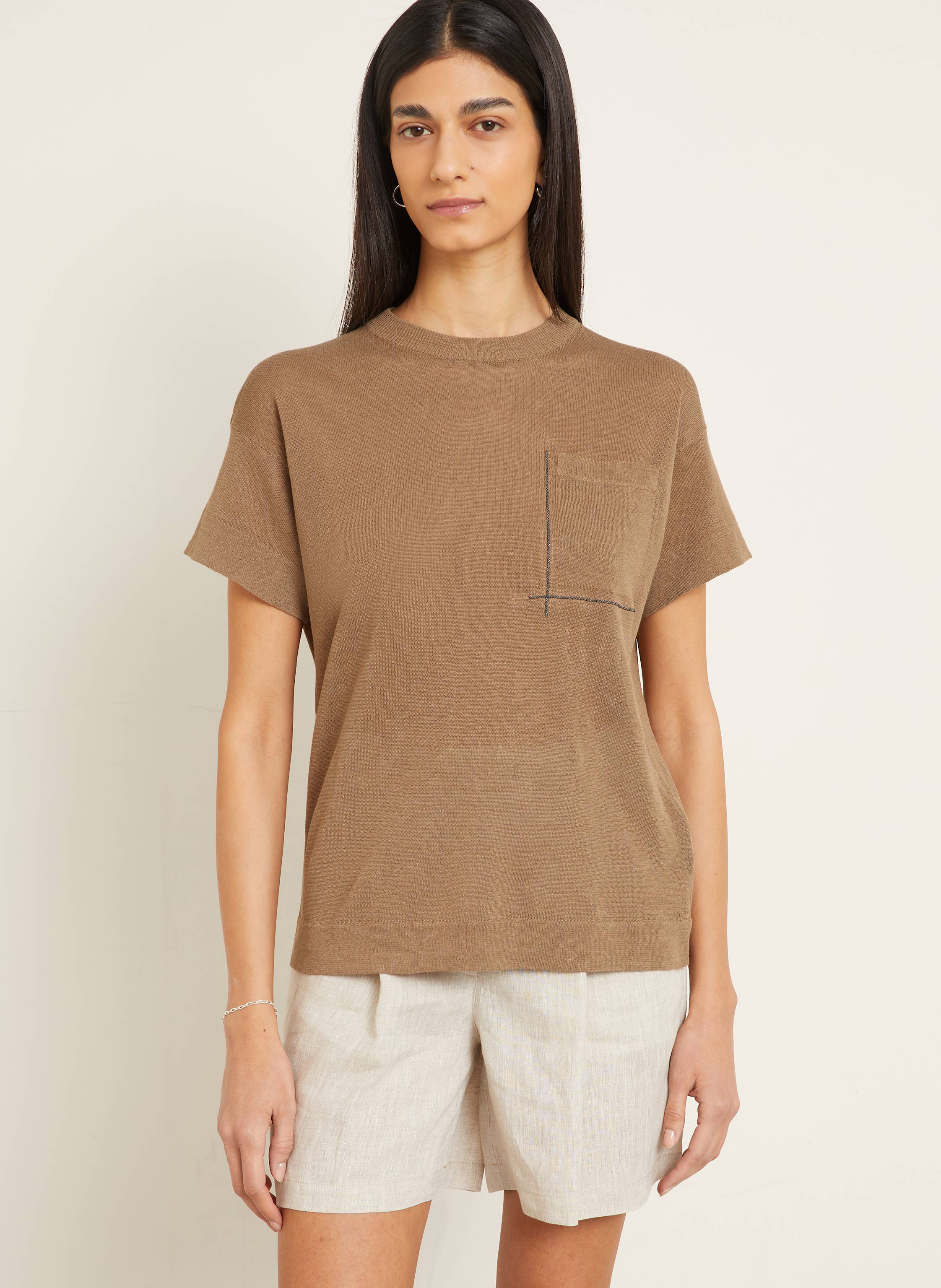Thumbnail - Brunello Cucinelli Strickshirt Aus Leinen Mit Schmucksteinen braun